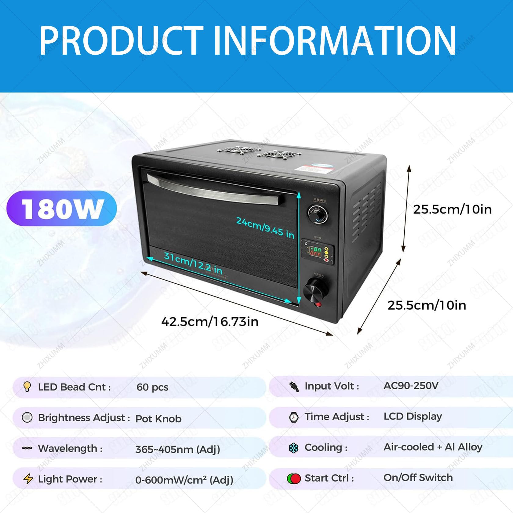 Verbesserte Uv-Harz-HäRtungsbox (180 W / 300 W / 500 W) FüR 3d-Drucker 180W | Uv-HäRtungslampe FüR Kleber, Harz Und LöTstopplack, Einstellbare WellenläNge (365–400 Nm), Mit Timer-Funktion Und