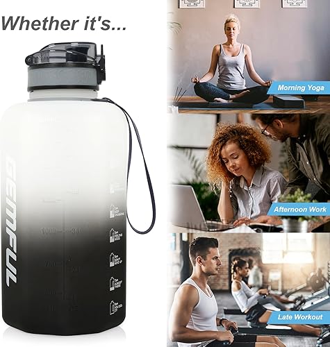 Miniatura 7 de GEMFUL Botella de agua de medio galón con marcador de tiempo, 74 onzas, jarra a prueba de fugas sin BPA para entrenamiento de gimnasio, 2.2 L, gran