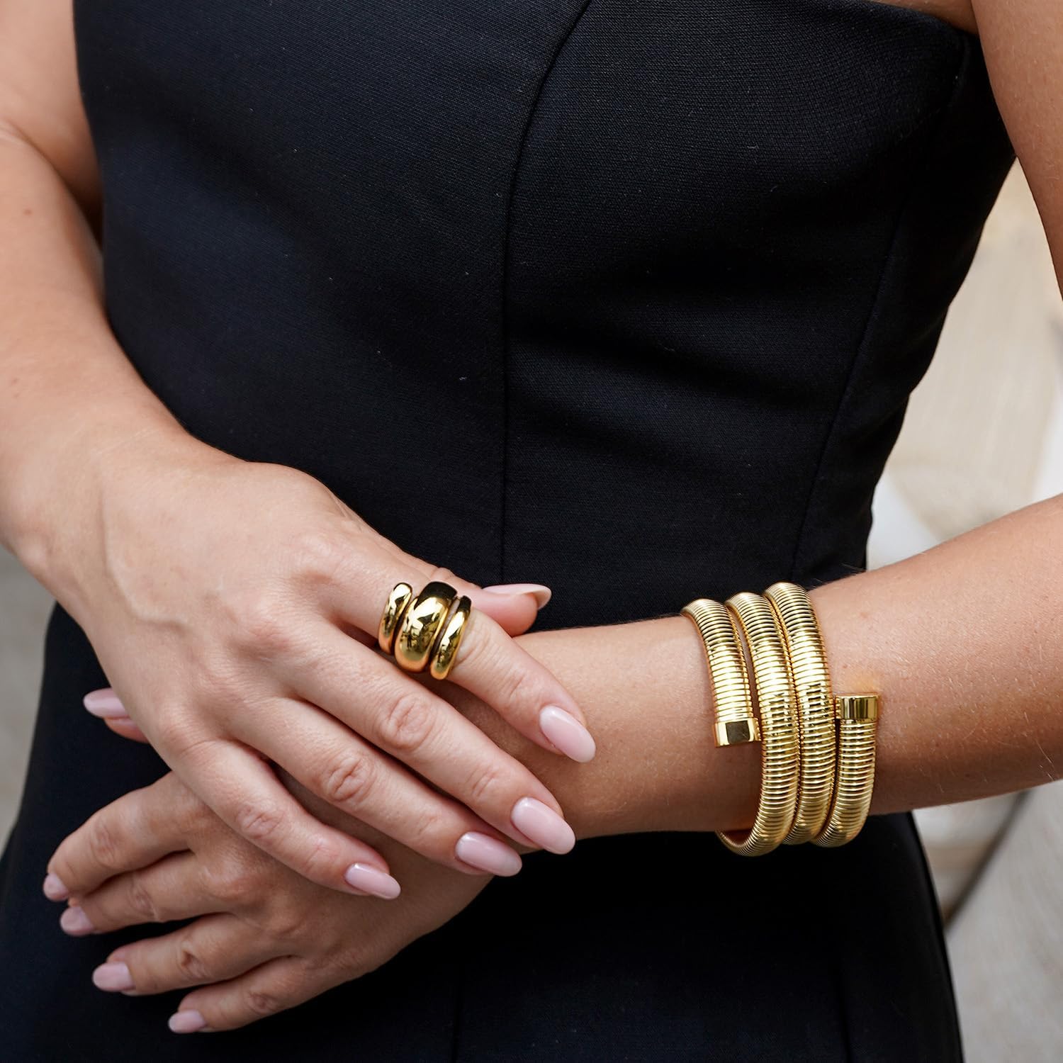 CIUNOFOR Chunky Statement Rings for Women, 14K Gold Plated Stainless Steel Dome Ring, Wide Band Retro Dome Jewelry Gift, Non-Tarnish Adjustable Fashion Ring, Fit Size 6 to 10 - Image 3