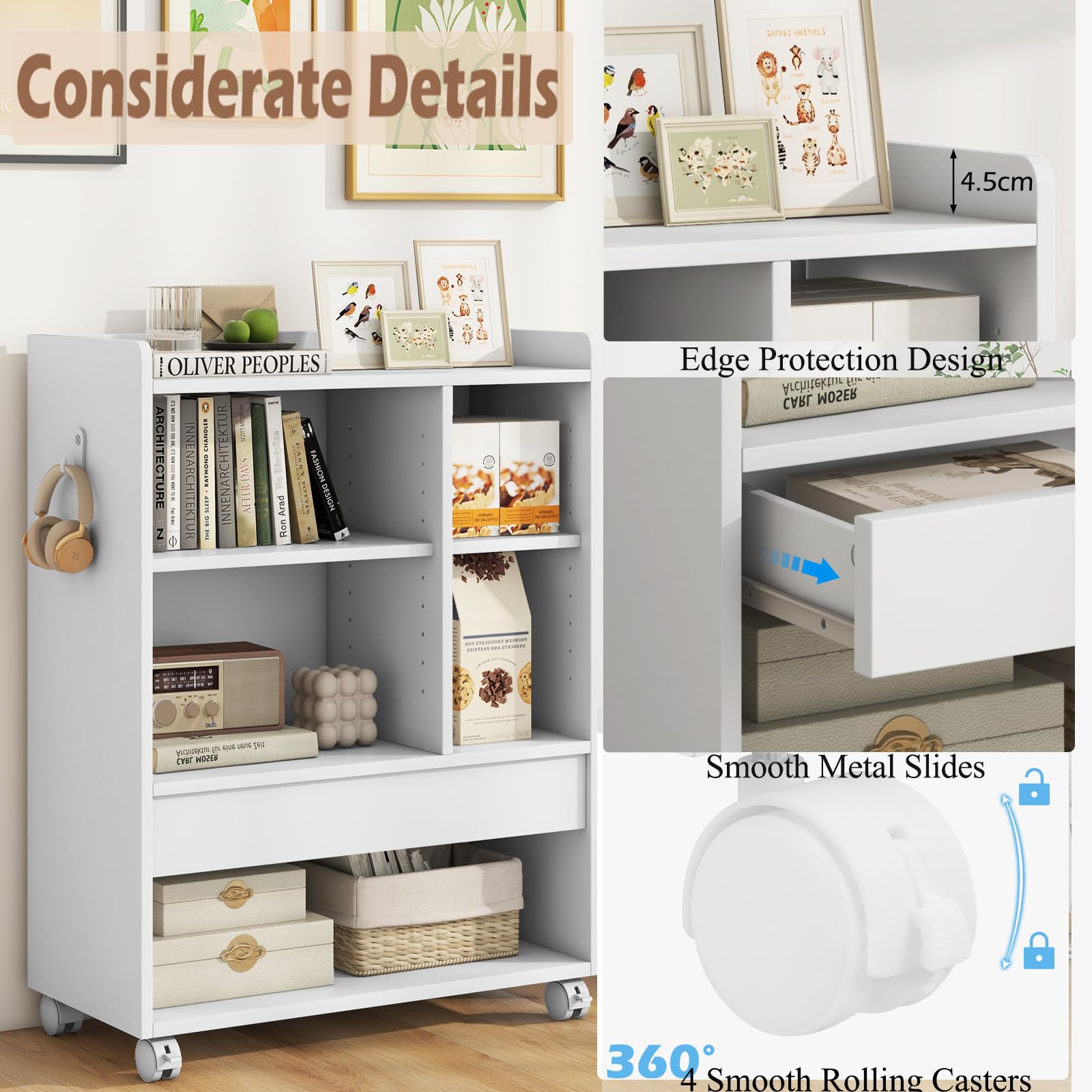 KOMFOTTEU Mobile Porta Stampante con Cassetto, Ganci, Protezione Bordo, Ripiani Regolabili, e Ruote Bloccabili, Schedario da Ufficio in Legno， Mobiletto da Archivio, 63,5 x 30 x 84,5 cm (Bianco)