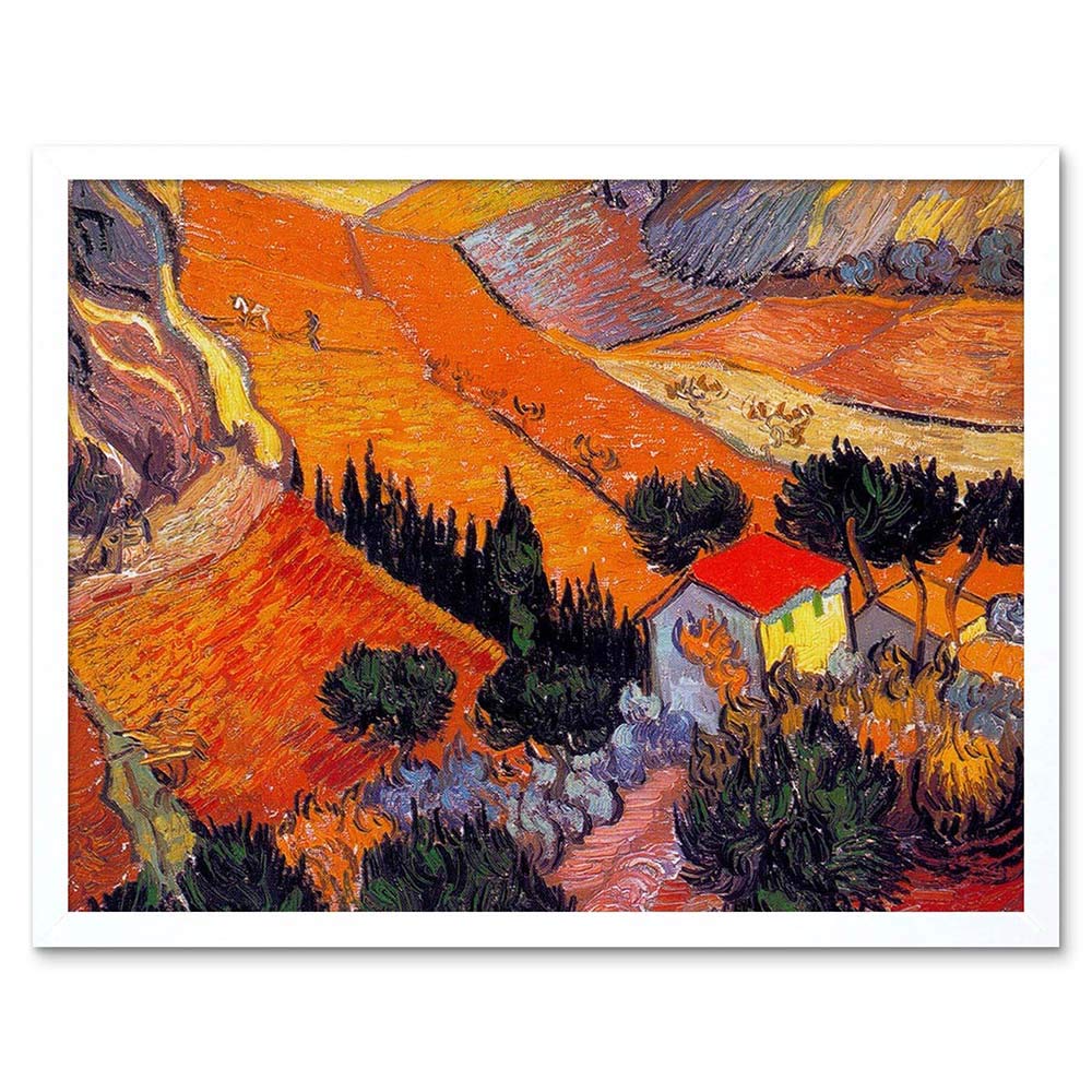Wee Blue Coo Vincent Van Gogh Landscape With House Ploughman 1889 Painting Art Print Framed Poster Wall Decor 12X16 Inch