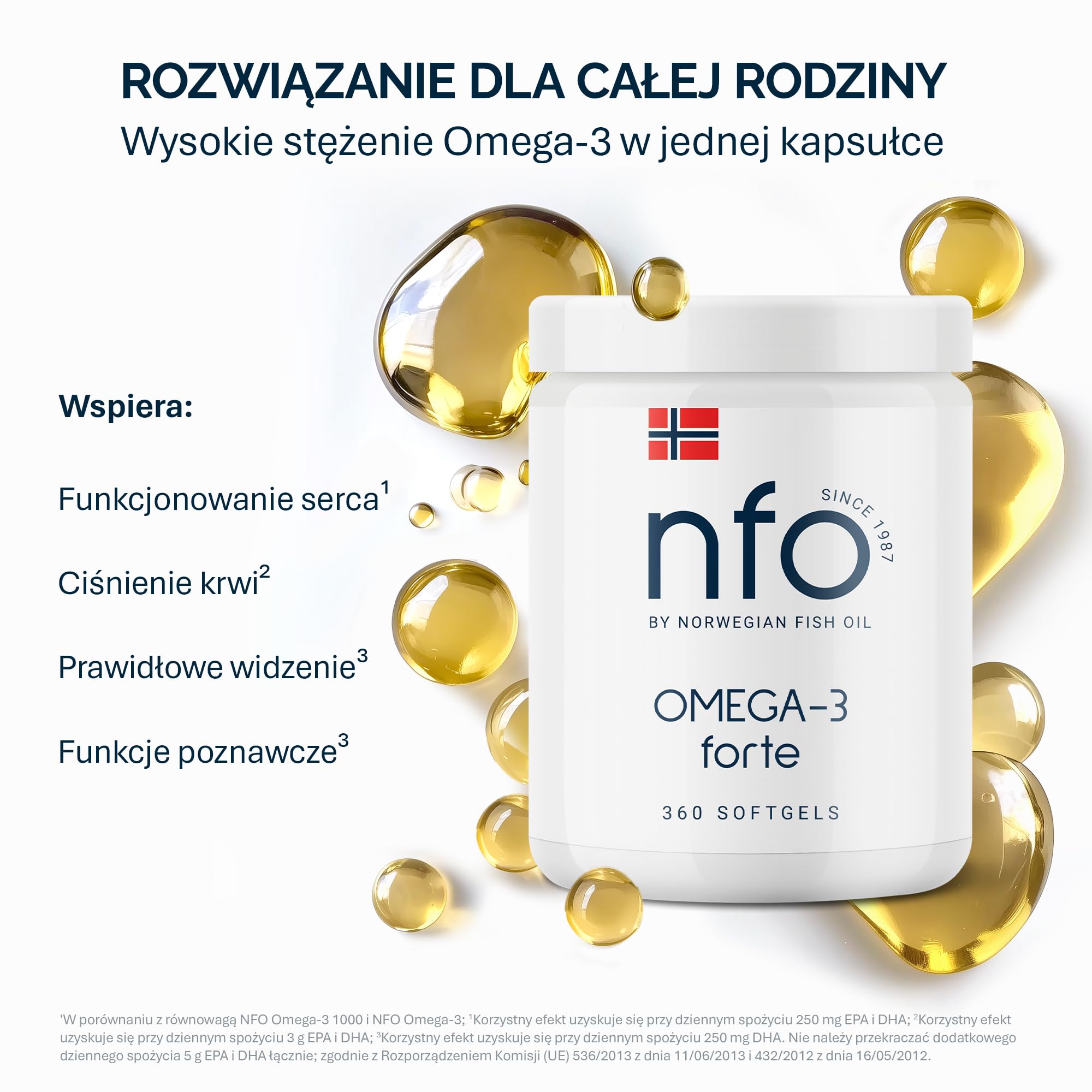 NFO Omega 3 Forte – 360 kapsułek | wysoka dawka oleju rybnego premium z Norwegii | z EPA DHA i witaminą E | Kształt estru etylowego | Opakowanie ekonomiczne | Made in Norway
