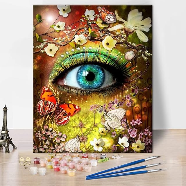 DIY Paint by Number for Adult, Color Eye Paint by Numbers, Flowers and Butterfly Paint by Numbers Kits on Canvas with Paint Brushes and Acrylic Pigment, 16X20 Inch Paint by Numbers for Beginner Kids