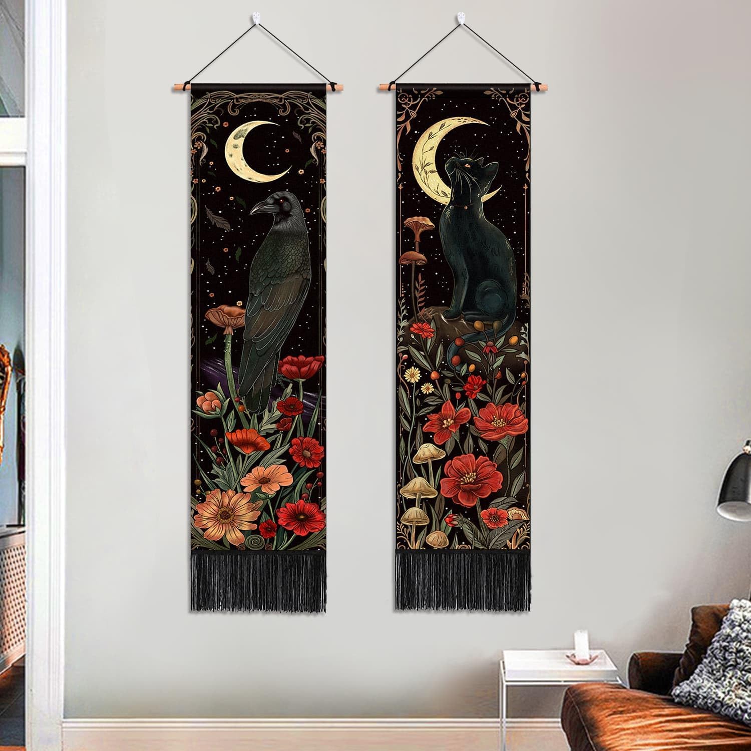 ARTCREATOR Pack of 2 Gothic Wall Decor Whimsical Dark Academia Decor, Black Cat Crow Tapestry Mystical Witchy Moon Vertical Tapestries for Bedroom Aesthetic Alt Room (12.8 x 51.2 inches)