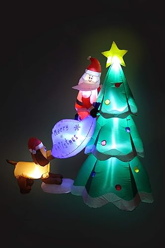 Miniatura 5 de Papá Noel inflable de Navidad de 6 pies de alto con bolsa de regalo para escalar en el árbol de Navidad perseguido por perro, cachorro, luces LED