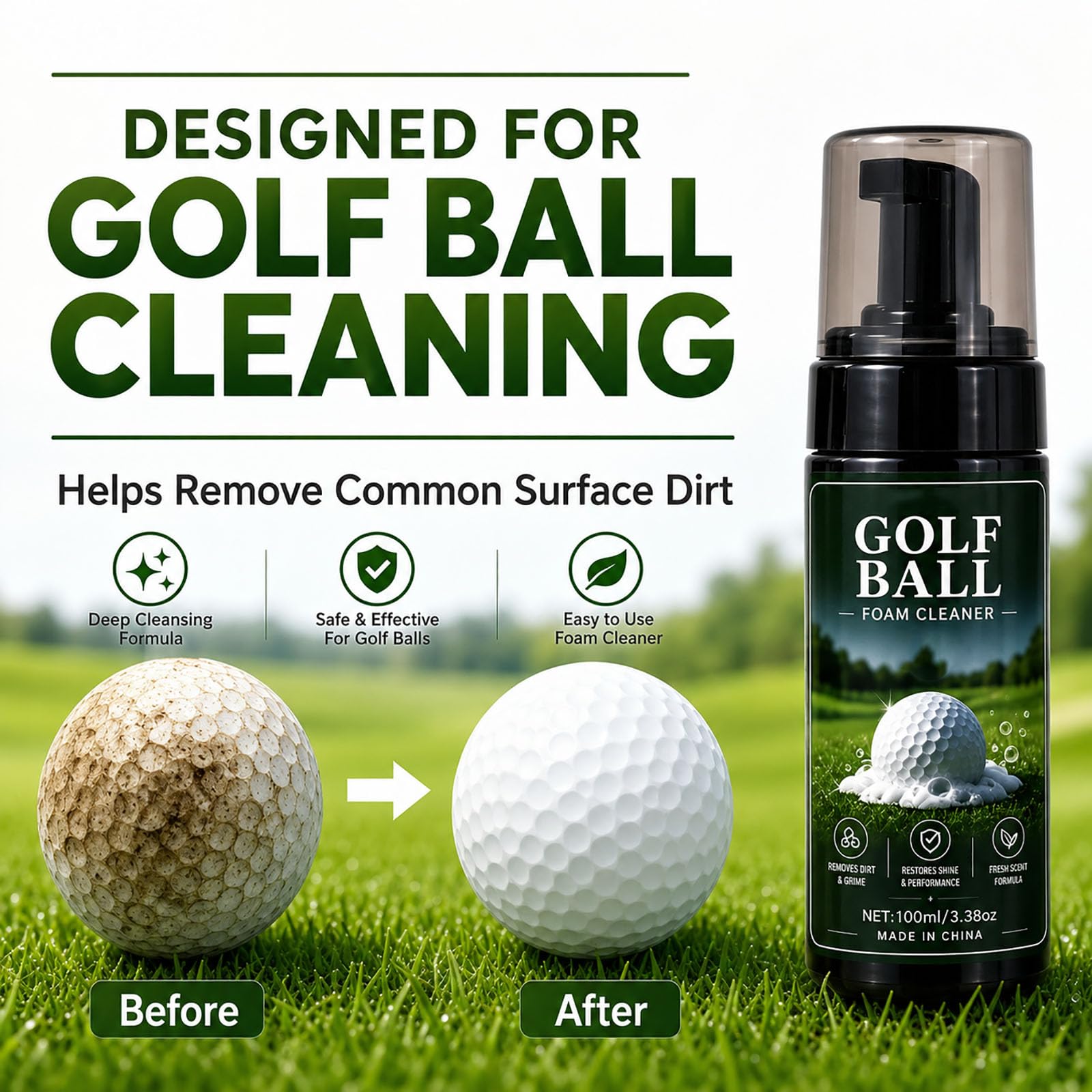 Tragbarer Golfball-Schaumreiniger, 3,38-Unzen-Spray, Tiefenreinigungsschaum für Grübchen, sofortiger Glanz- und Spin-Restaurator, Golfzubehör für unterwegs
