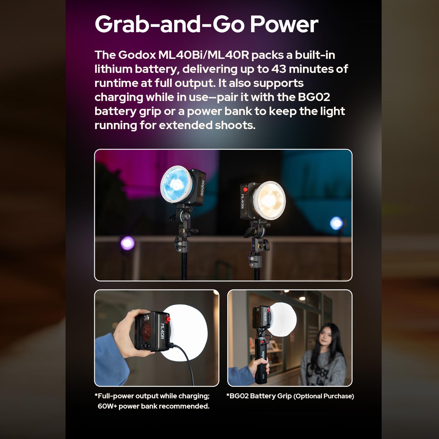 Godox ML40Bi Magnetische LED-Videoleuchte mit ML-10 Linsenreflektor, 2800K-6500K Fotoleuchte, CRI＞96, 11FX-Lichteffekte, Integrierter Lüfter, 30m Bluetooth-Steuerung mit Godox-Mount