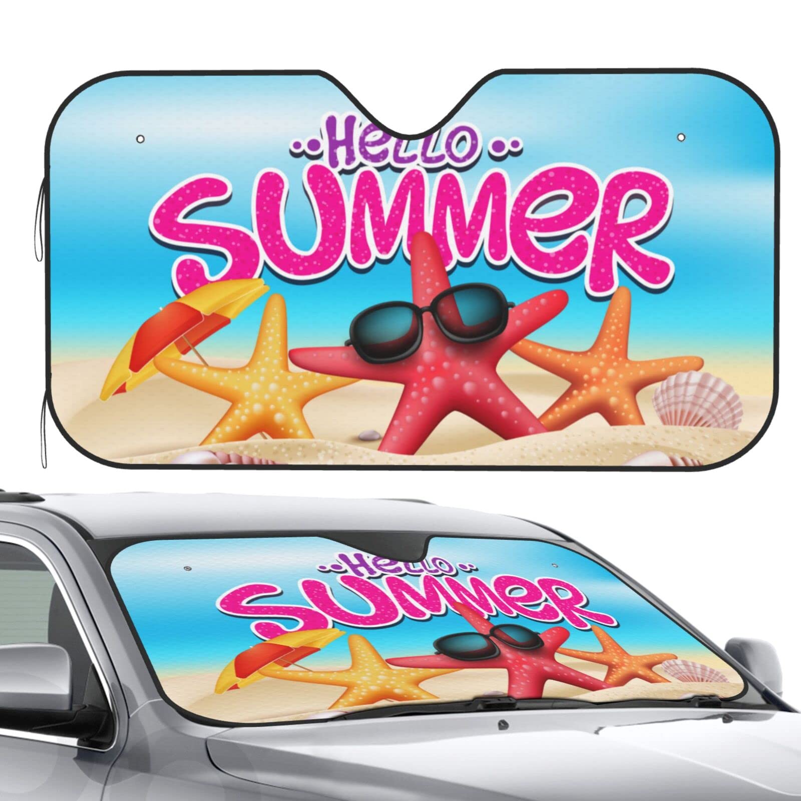 VunKoFront Window Car Sun Shade Windshield- Hello Summer Beach Seashore Foldable Cute Funny Sunshade for Car Truck SUV-Blocks Uv Rays Visor Shield Cover Keep Your Vehicle Cool Small