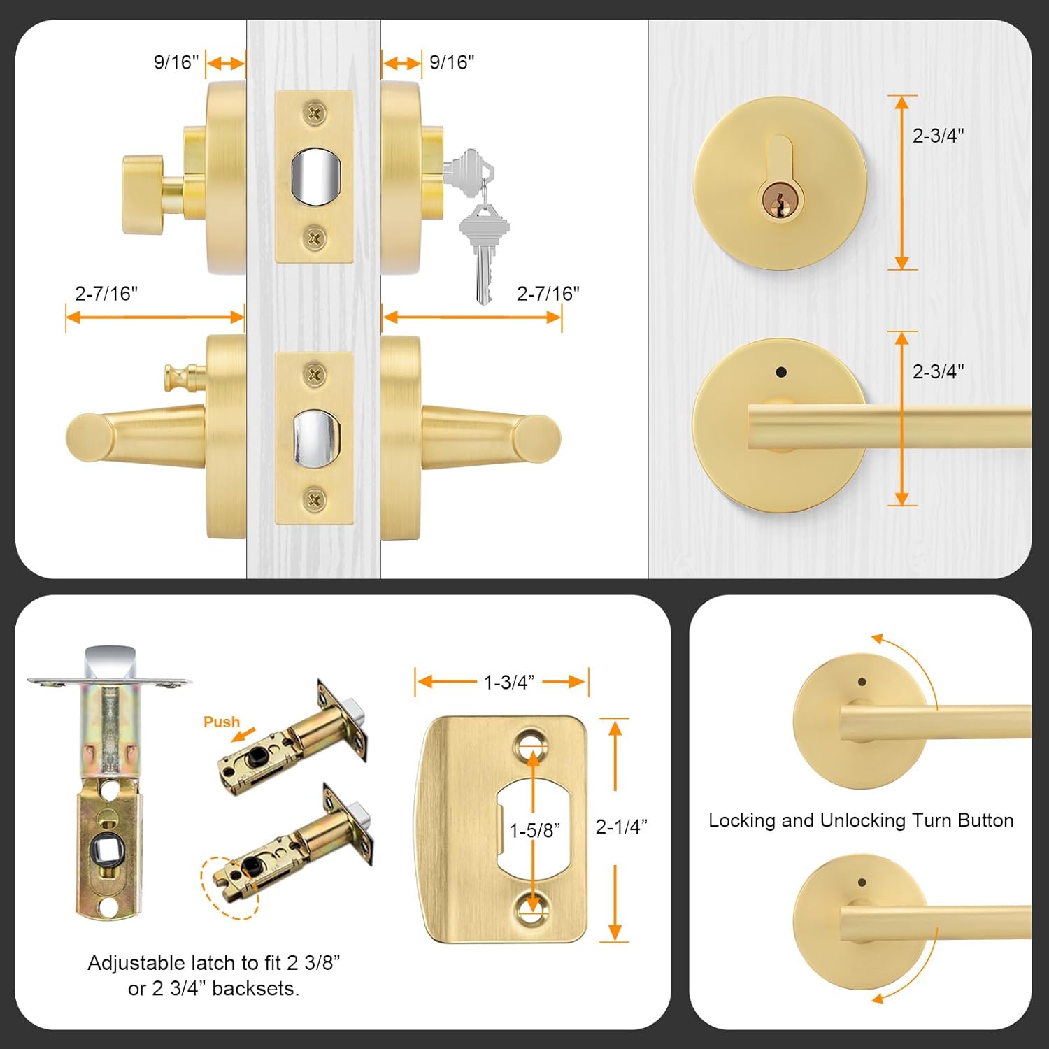 goldenwarm 1パック エクステリアゴールドドアハンドル デッドボルト付き シングルシリンダーデッドボルトとエントリードアハ