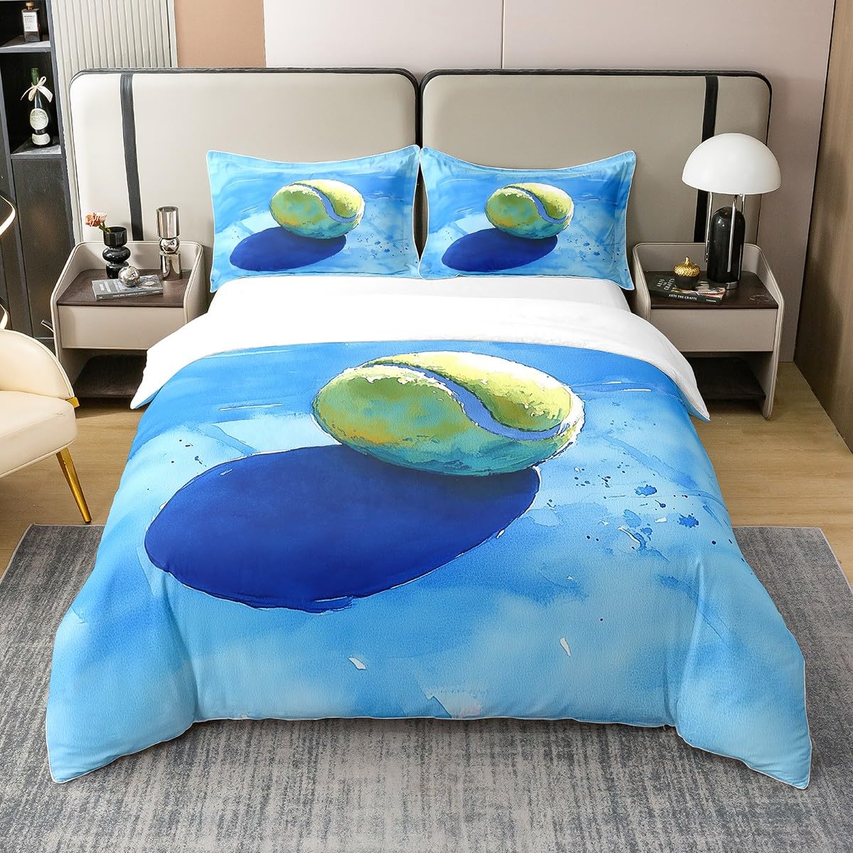 3 Pieces Tennis Duvet Cover 100% Nature Cotton Queen,3D Kids Tennis Ball Sport Theme Comforter Cover with Zipper Closure,Watercolor Blue Tie Dyed Super Soft Bedding (Not Comforter) Bedroom Decor