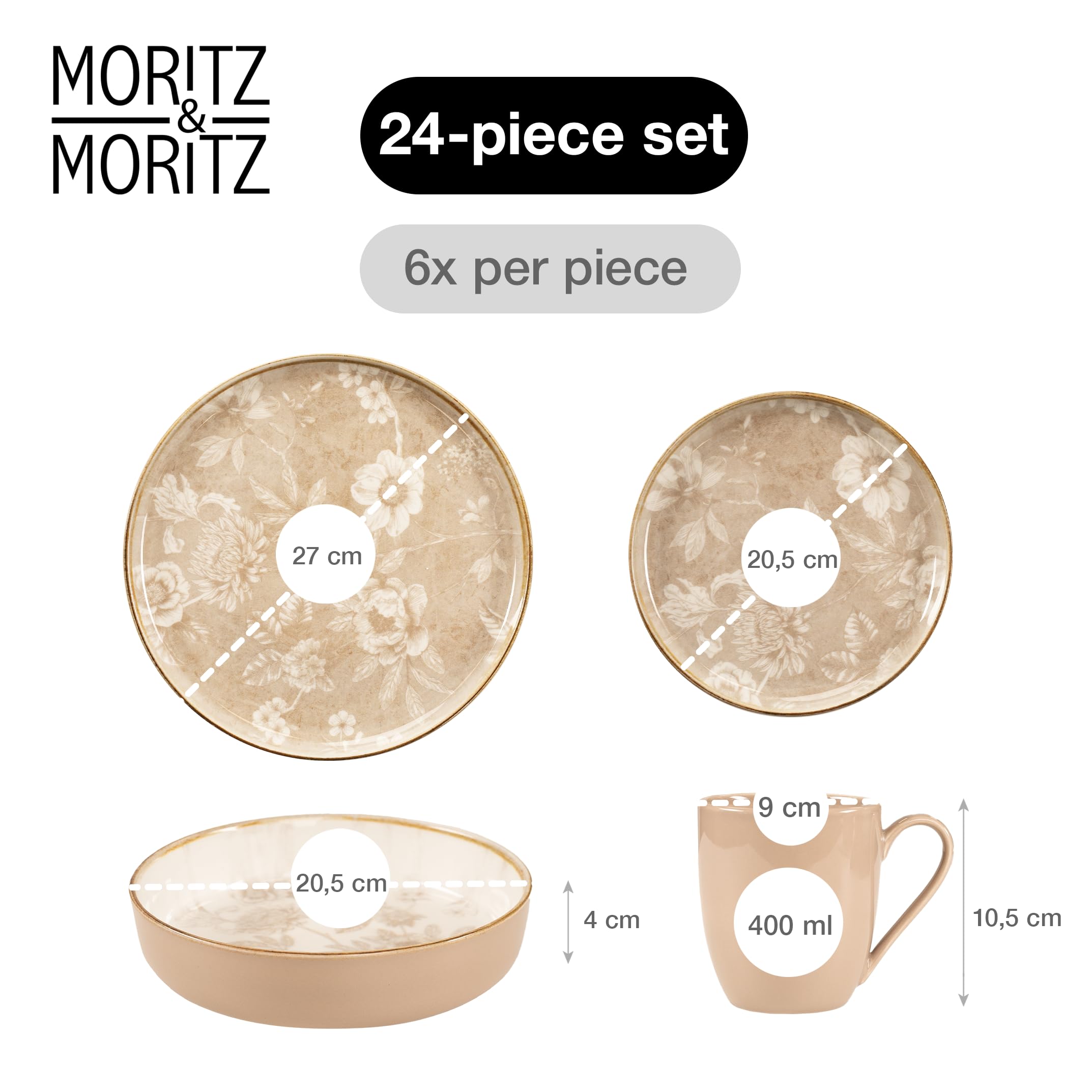 Moritz & Moritz MARIELLA 24-częściowy zestaw naczyń kamionkowych dla 6 osób, nowoczesny serwis stołowy w kolorze beżowym z fantazyjnym wzornictwem, łatwy w pielęgnacji serwis do kawy z zestawem