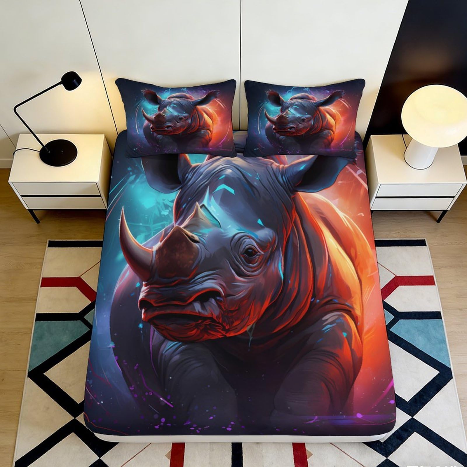 3D Printed Vibrant Rhino Fitted Sheet Microfiber Soft Matte Orange Blue Mattress Cover for Bedroom Dorm Mattress Protector 90x200x25cm