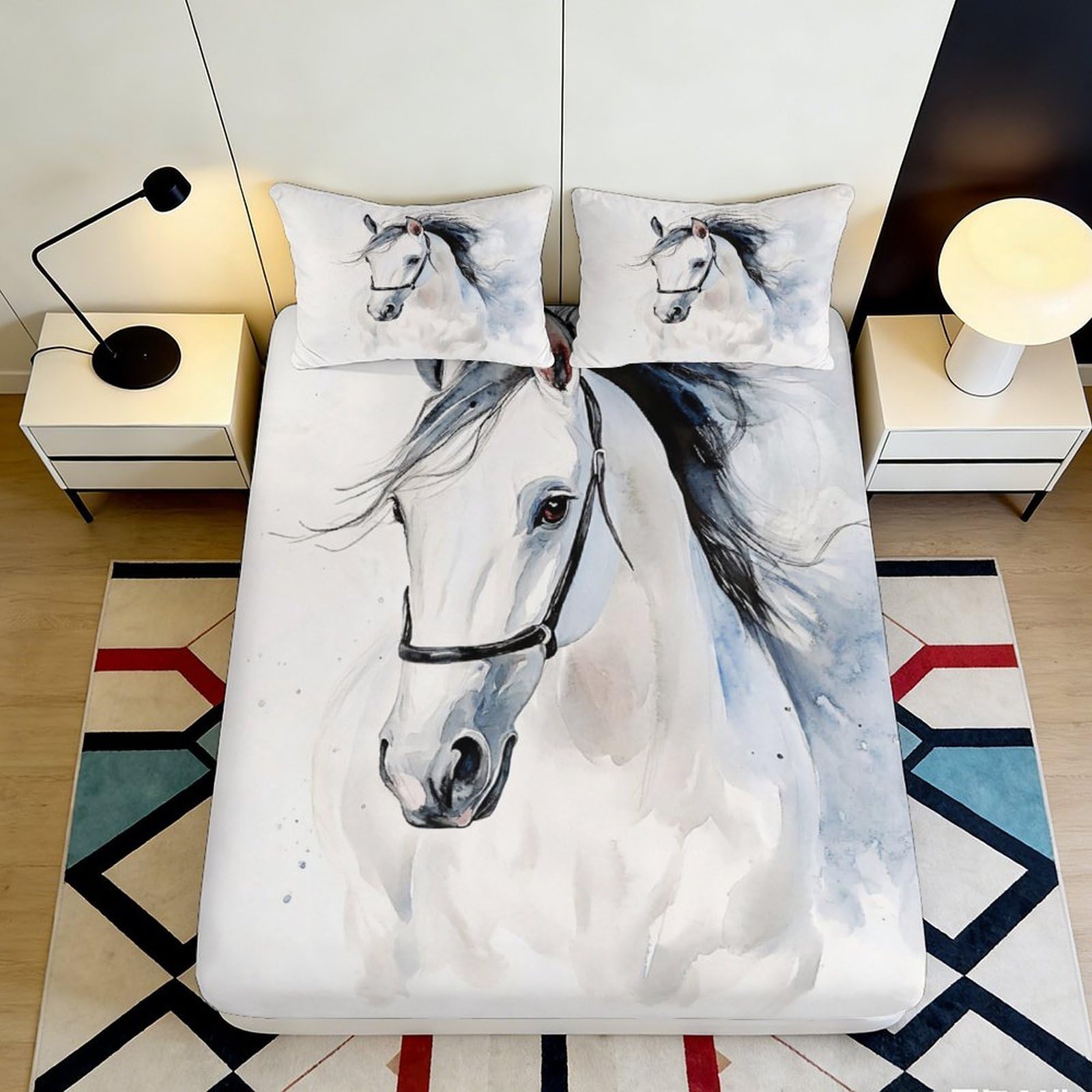 Elegant White Horse 3D Printed Fitted Sheet Microfiber Soft Touch Bedroom Decor, Wrinkle Resistant, Apartment Bedding 90x200x25cm