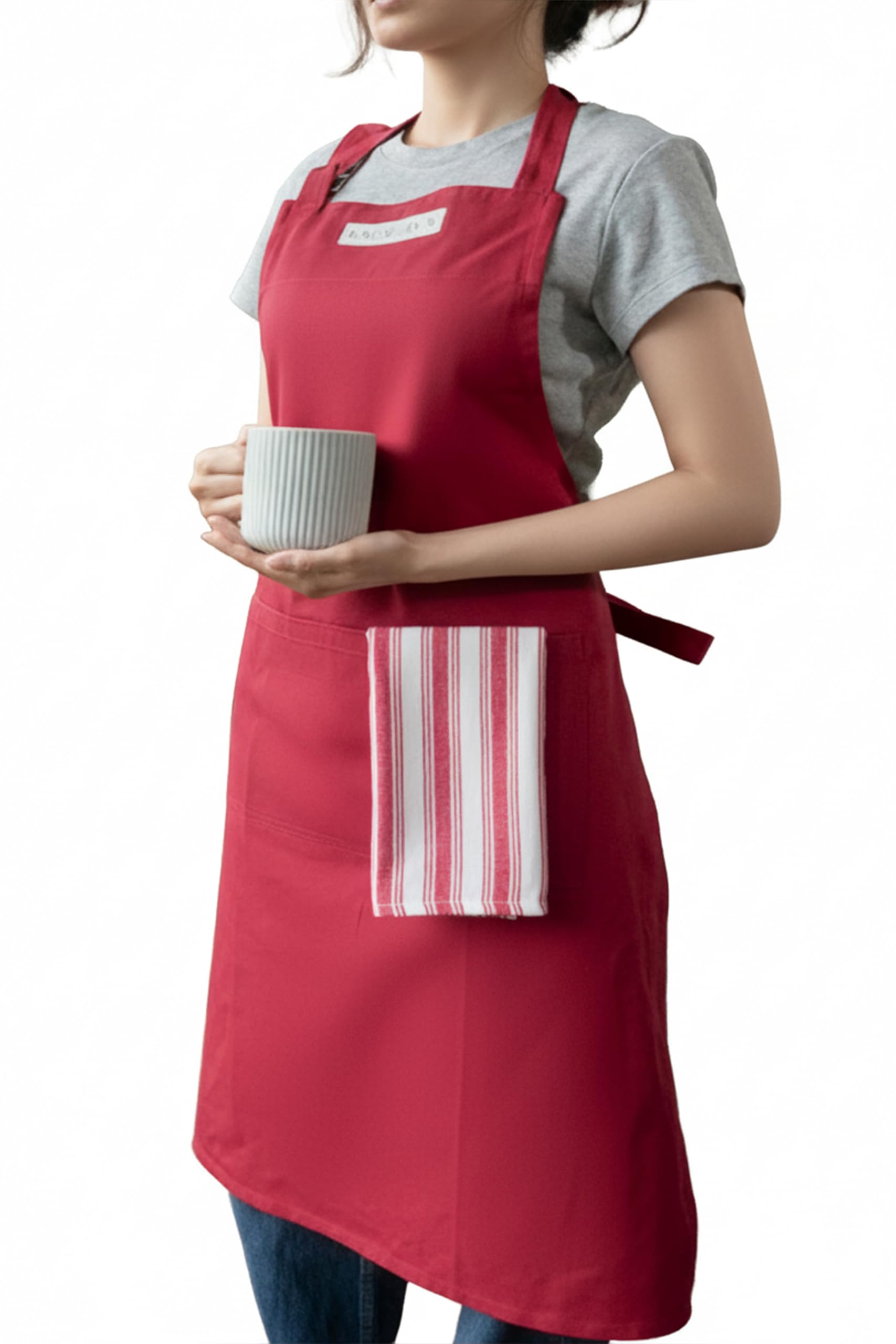 RUSTIQUE LINENS 100% Cotton Twill Kitchen Apron, Adjustable Bib Apron with 2 Pockets, Metal Neck Adjuster & Reinforced Stitching, Unisex, Cherry โ image 1