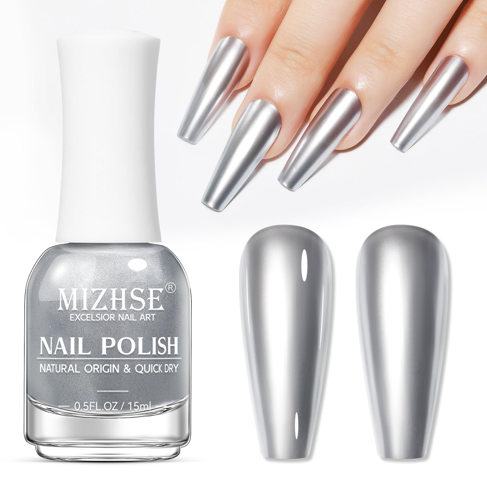 MIZHSE Silver Mirror Nail Polish, Quick Dry Metallic Nail Polish, Air Dry Fast Chrome Nail Lacquer Bright Color Oil-based Nail Art Manicure Home DIY