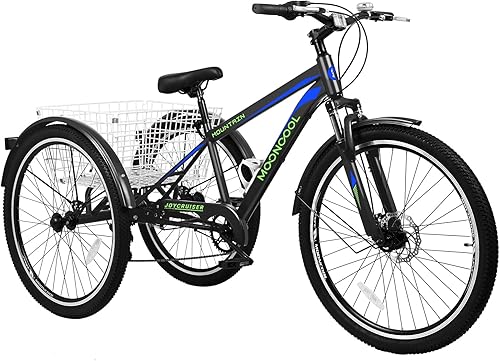 Miniatura 8 de NAIZEA Triciclo de montaña para adultos, bicicleta de crucero de 7 velocidades y tres ruedas, triciclos para adultos de 27.5 pulgadas con cesta