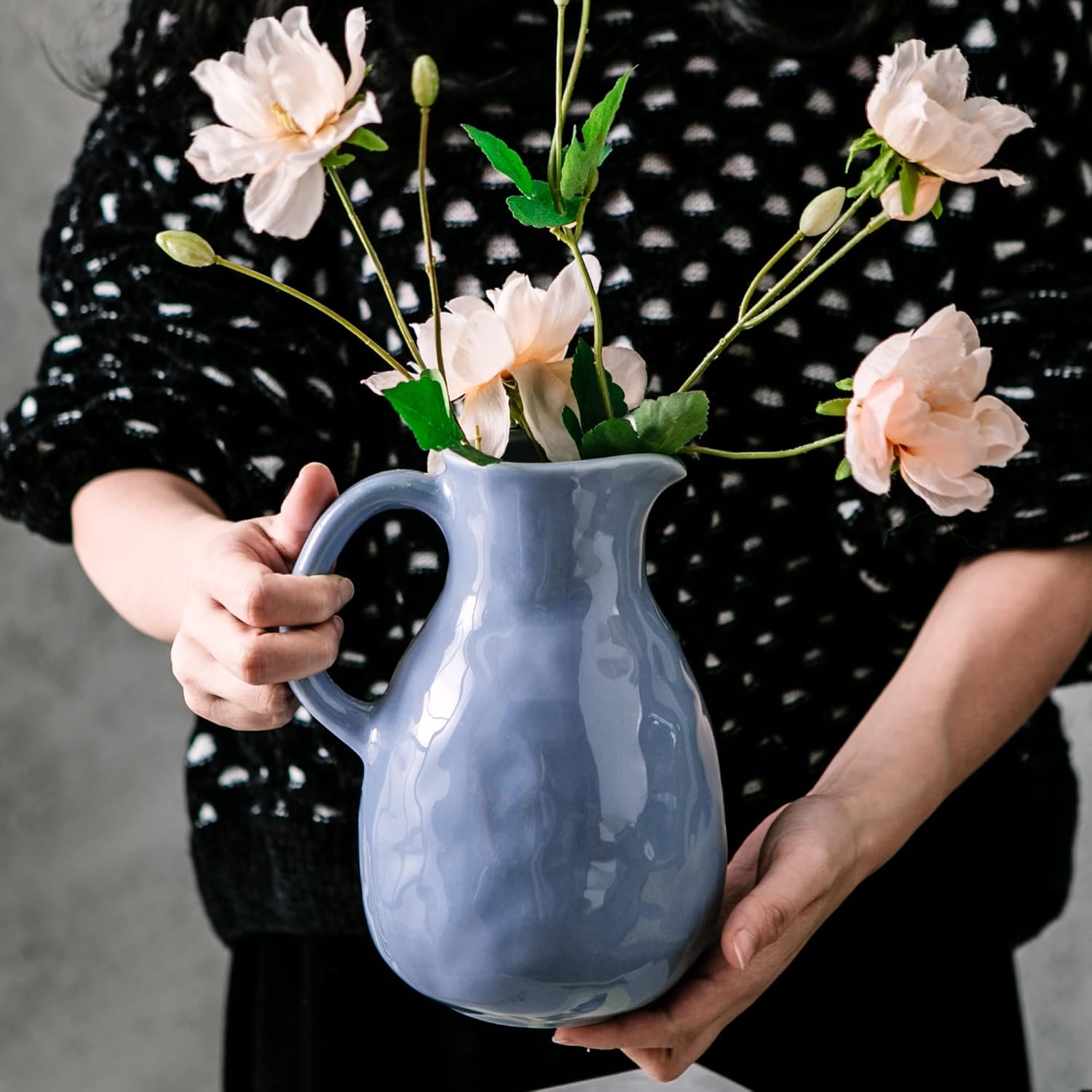 Kimdio Blue Ceramic Vase with Handle, Modern Pitcher Vases for Home Decor, Pottery Decorative Flower Vase, Clay Vases, Centerpieces for Living Room