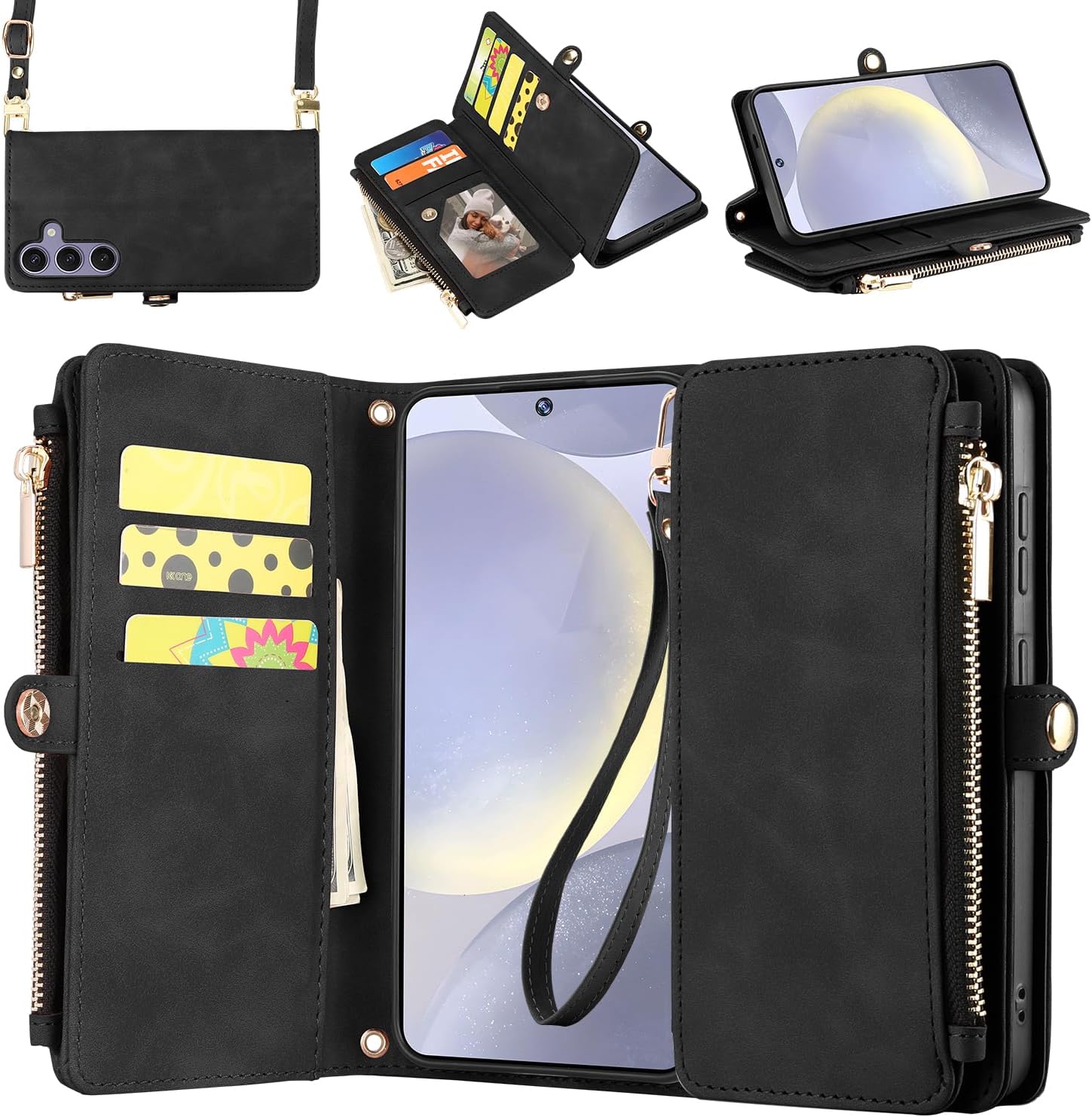 ELESNOW Wallet Samsung Galaxy S24 Plus Case for Women Men, PU Leather with Card Holder [RFID Blocking] Wrist Strap Crossbody Zipper Stand Magnetic Flip Phone Case Cover for Samsung S24 Plus, Black
