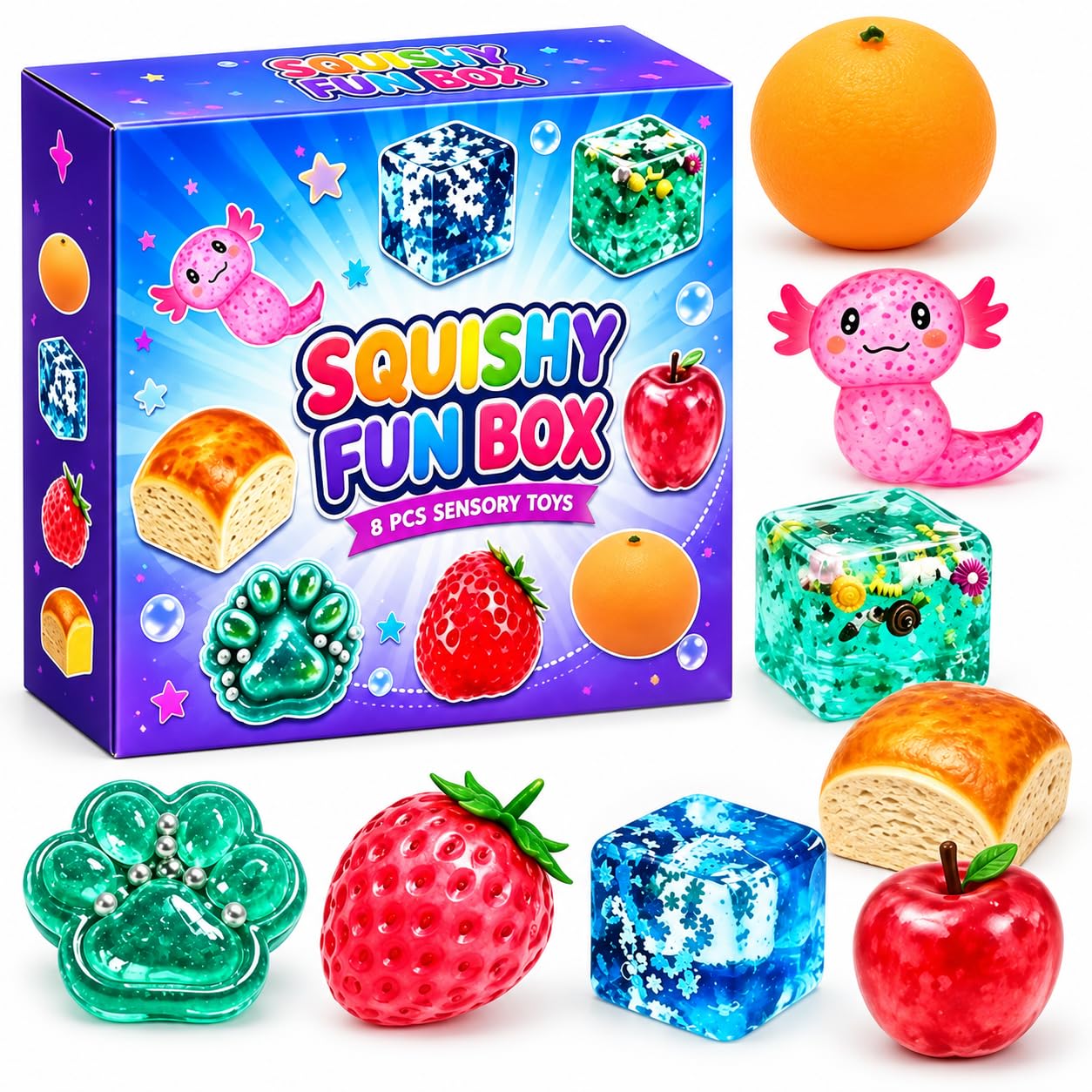 Squishy Box Mystery Set, 8 Pack Soft Slow-Rebound Surprise Collection, Assorted Cute Shapes for Desk Display, Collecting, Birthdays and Gifting (8 pcs)