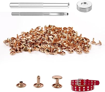 100 Sets Leather Rivets 10x10mm Double Cap Rivets Snaps Metal Studs Fasteners with 3pcs Setting Tools for Leather Craft DIY Repair Decoration, Light Gold Tone