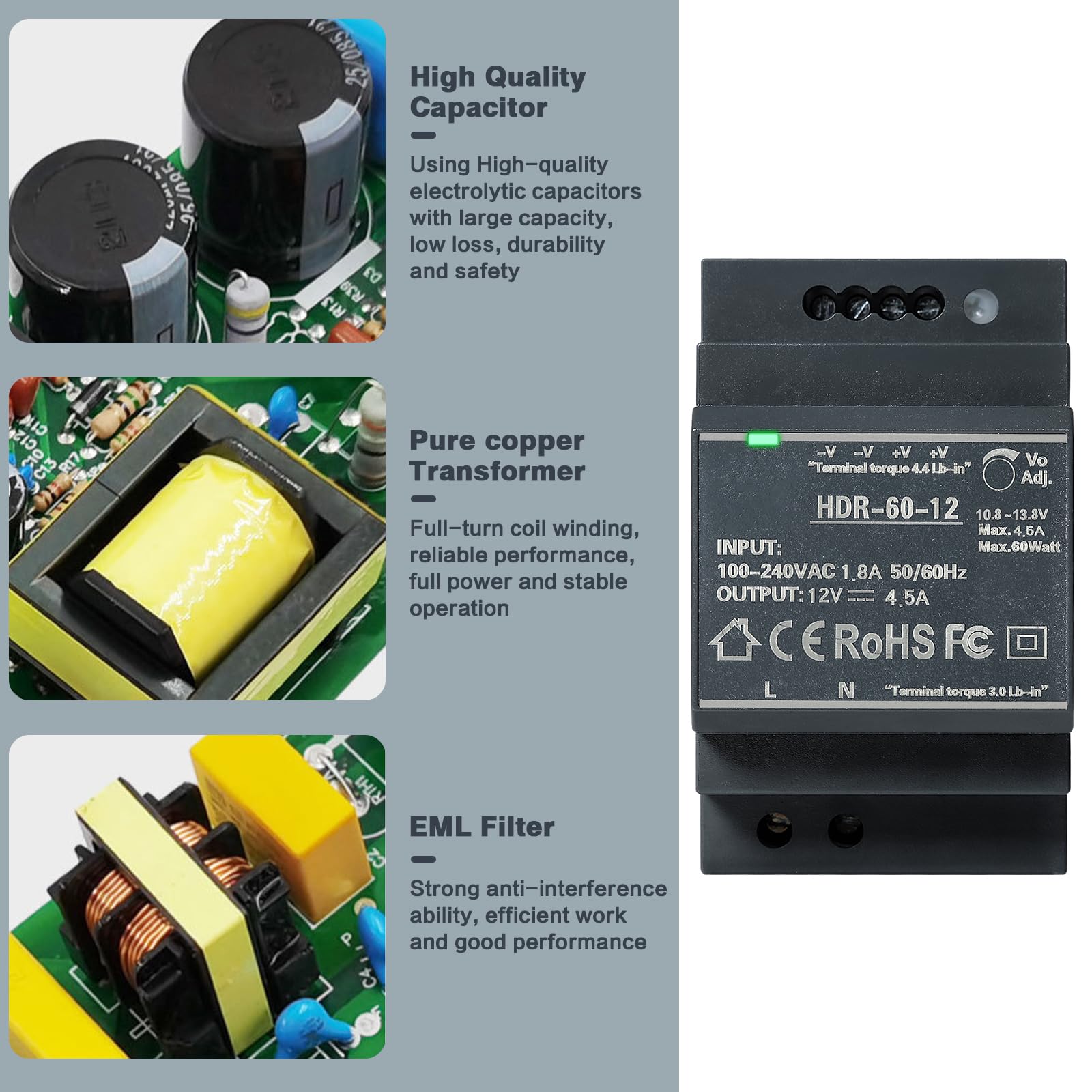 Jadeshay Zasilacz do szyny DIN 12 V DC 4.5A 60W Zasilacz sieciowy do szyny DIN Transformator dla urządzeń automatyki przemysłowej HDR-60W-12V4.5A