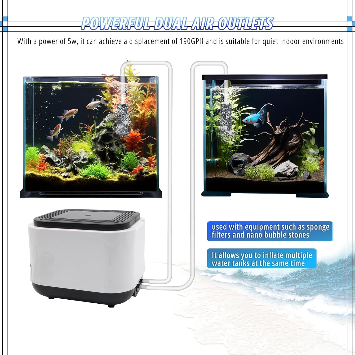 Aquarium Air Pump for Large Fish Tanks up to 300/600 Gallons Dual Outlet 5W/10W,190/260GPH Adjustable Aerator with Air Stones,Tubing & Check Valve-Portable Bubbler Box for Fish Tanks and Aquariums