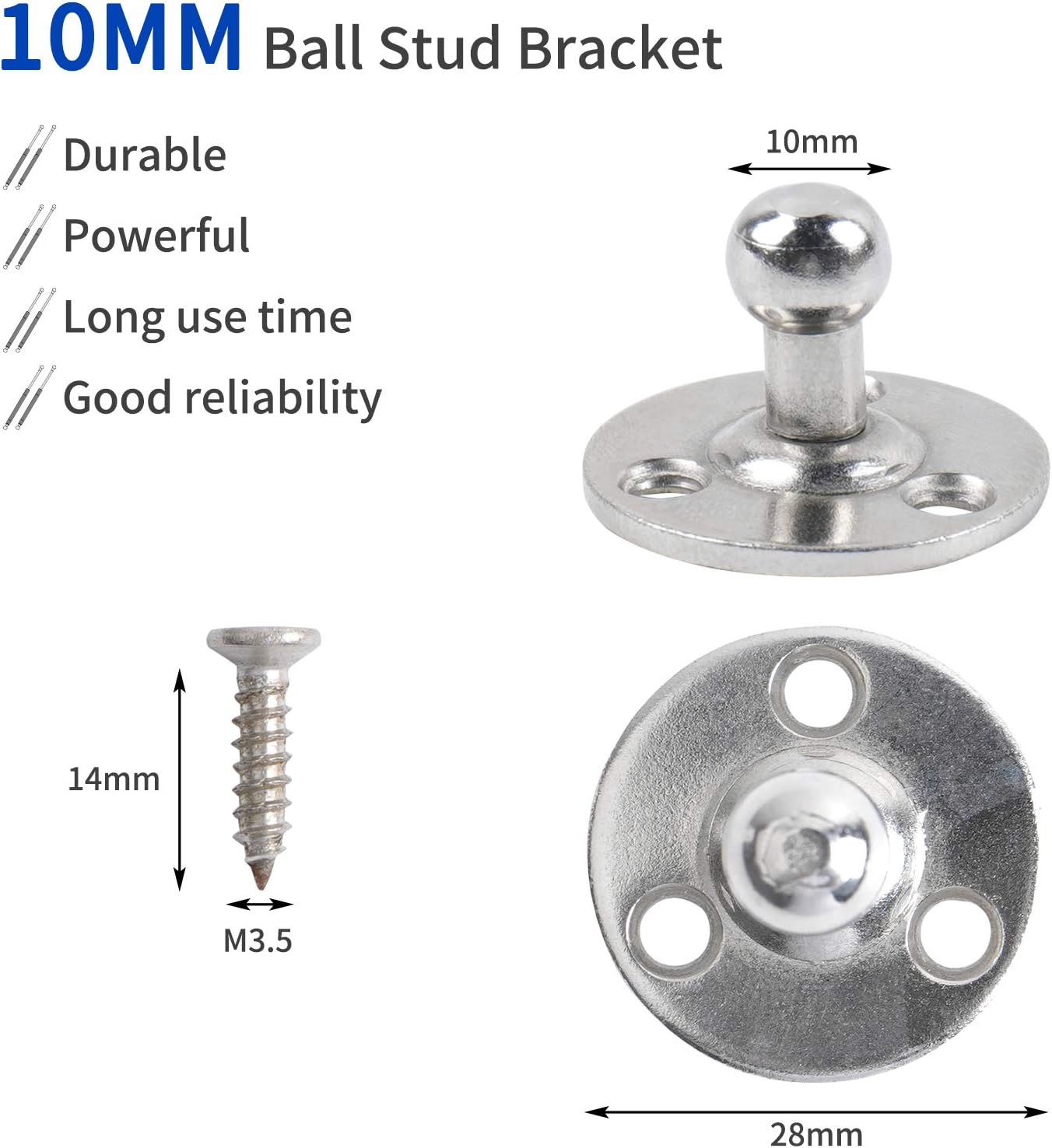 OTUAYAUTO YAQLS03 Flat Round Gas Strut Mounting Brackets - 10mm Ball Stud with Screws (Pack of 4)