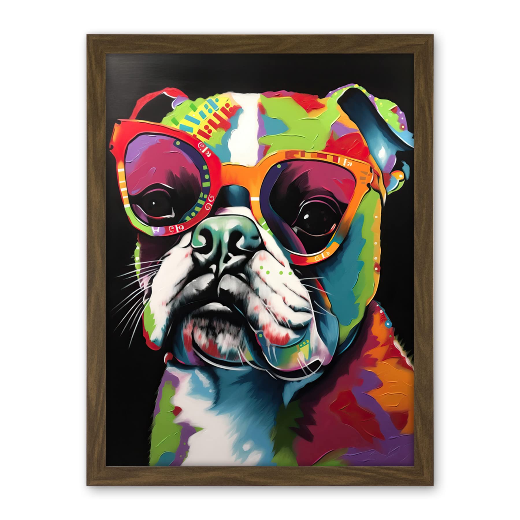 Artery8 Rainbow Colour English Bulldog Puppy in Sunglasses Artwork Framed Wall Art Print 18X24 Inch