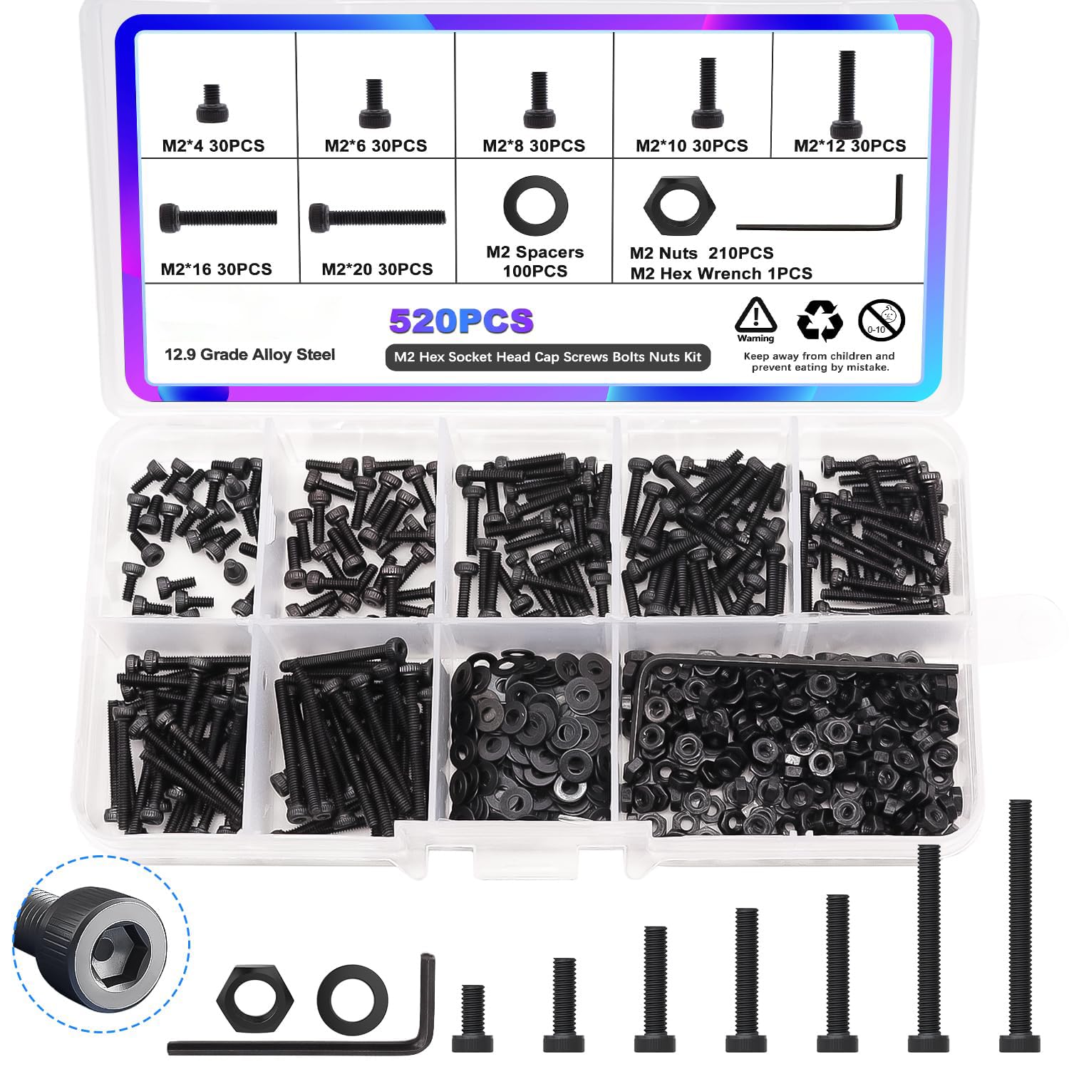 NALACAL M2 Small Screw Assortment Suitable for 3D Printer DIY, M2 x 4/6/ 8/10/12/16/20mm Hex Socket Head Cap Screws Bolts Nuts Kit, 520PCS 12.9 Grade Alloy Steel Assorted Screws with Hex Wrench