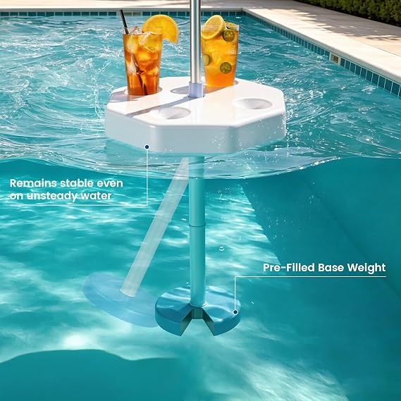 Floating Pool Umbrella for Inside of Pool with Weighted Base, UV Sun Shade & Floating Table with 4 Cup Holders, Adjustable Aluminum Pole for Swimming Pool, Beach & Lakes