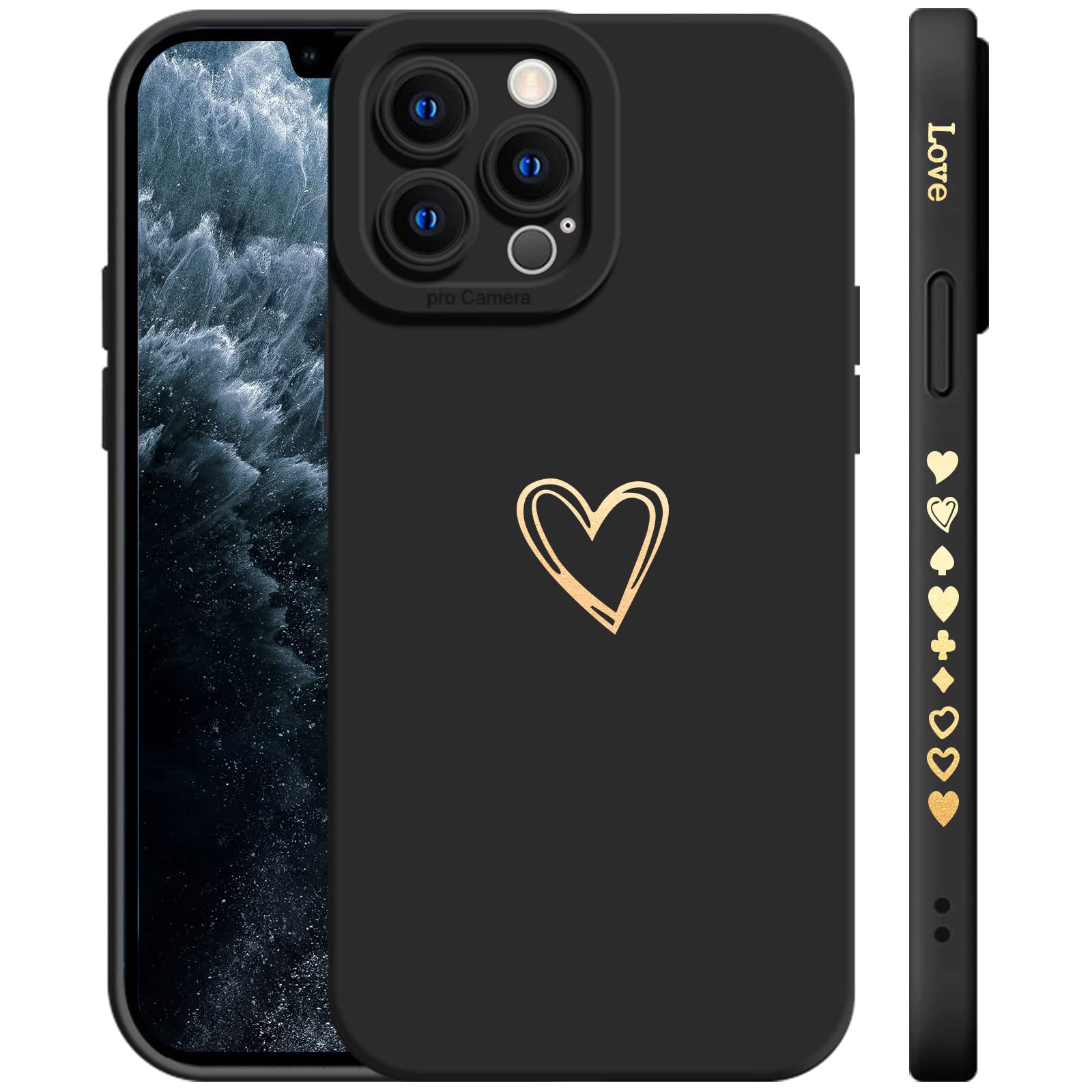 T Tersely Compatible with iPhone 13 Pro Case Luxury Gold Heart Pattern Soft Liquid Silicone Shockproof Case for Women Girls Side Cute Plated Heart Pattern Slim Phone Case (Black)