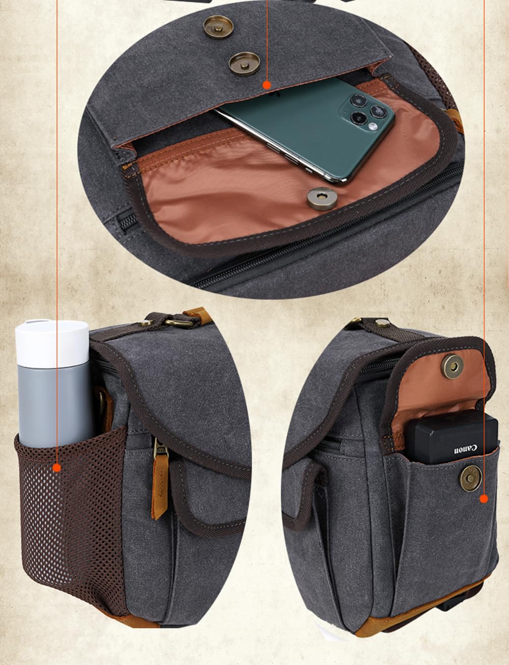 Borsa a tracolla in tela per fotocamera (Khaki)