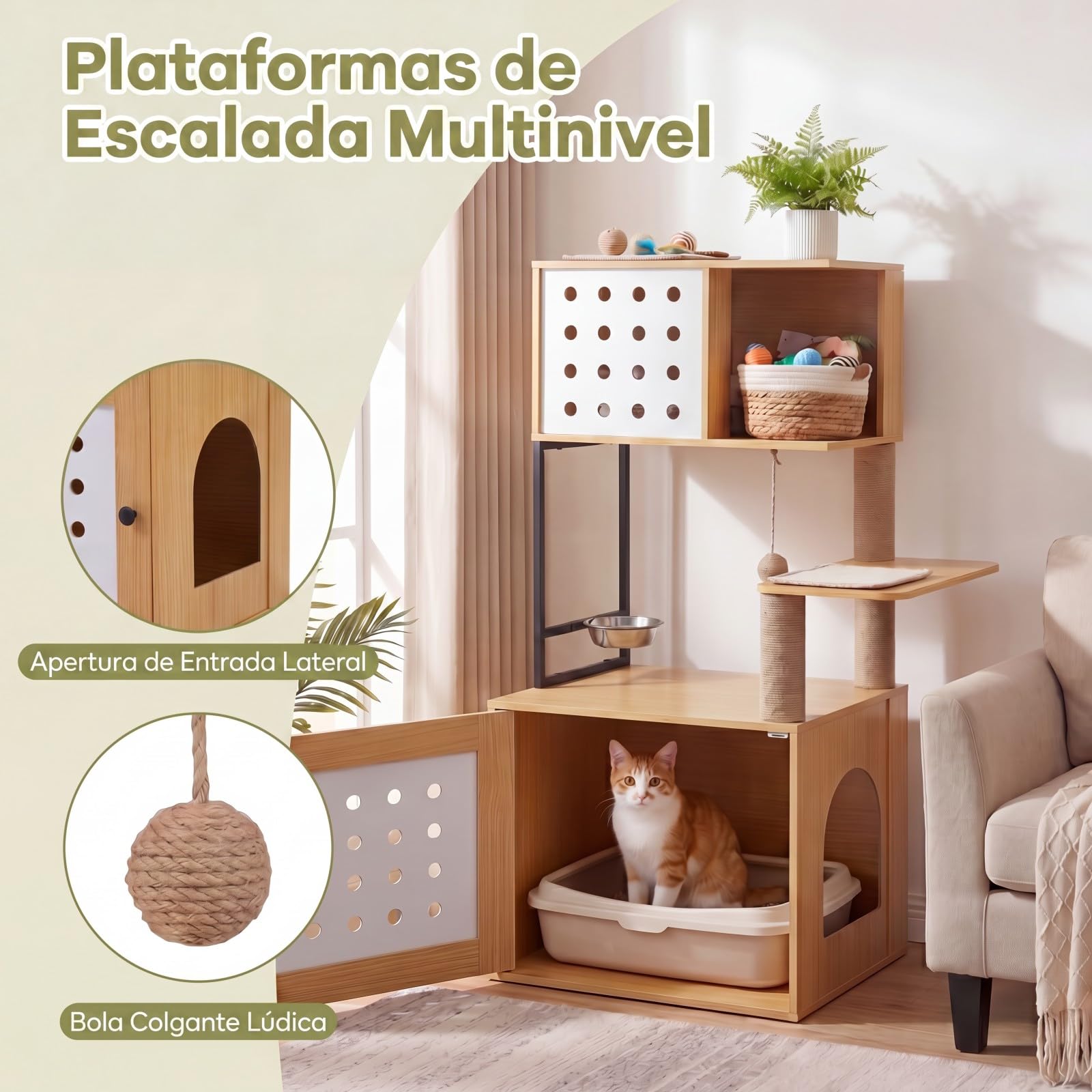 GOPLUS Árbol Rascador para Gatos de Múltiples Niveles, Altura 117,5 cm, Torre para Gatos con Recinto para Caja de Arena, Postes Rascadores de Sisal, Condo, Alimentación y Bola Colgante (Natural)