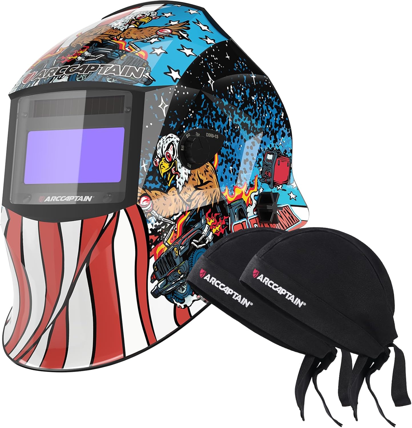 ARCCAPTAIN Large Viewing Screen Welding Helmet, 1/1/1/1 Top Optical Clarity Auto Darkening Welding Mask+ 2 Pcs Welding Cap