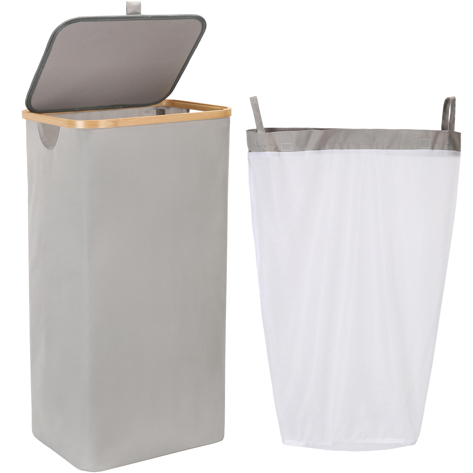 Sea Team 90L Extra Large Capacity Laundry Hamper with Lid, Removable Bag & Bamboo Handles, Foldable Dirty Clothes Bin for Family, Laundry Room, Bedroom & Closet, Grey