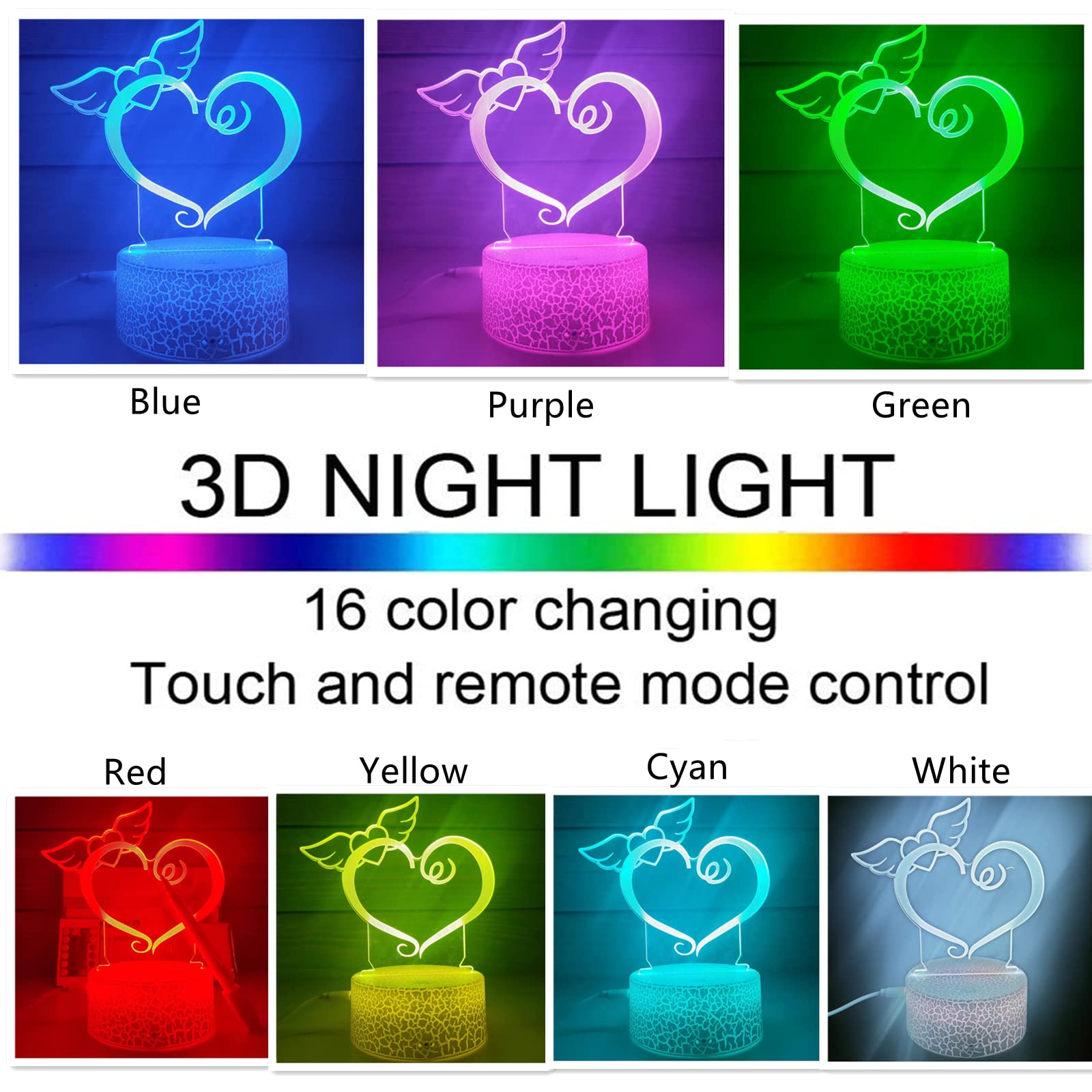 3D Illusion Lamp DIY Angel Heart Night Light with Remote 3D Illusion Lamp DIY Angel Heart Night Light with Remote
