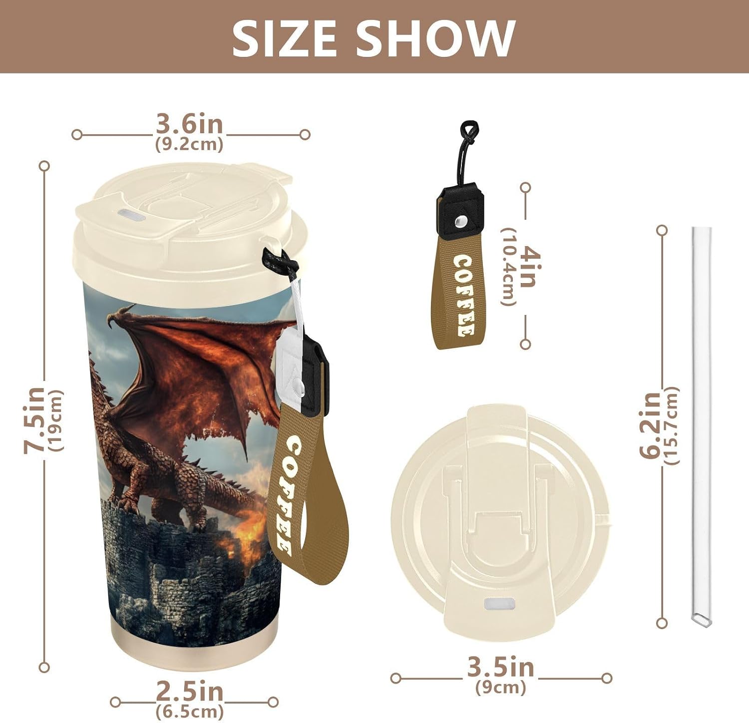 Dragon Castle Wings Insulated Coffee Mug with Straw & Flip Lid, 16.9oz Iced Tumbler Cup, Double Wall Vacuum Leak-Proof Mug for Travel Office