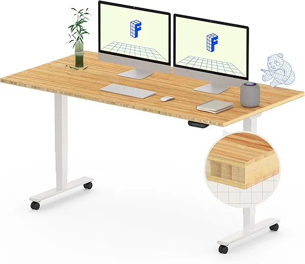 FLEXISPOT E6 MAX Bamboo Dual Motor 3 Stages Standing Desk 55x28 Inch Whole-Piece Board Electric Height Adjustable Stand Up Desk 150KG Load Capacity(White Frame + Bamboo Desktop)