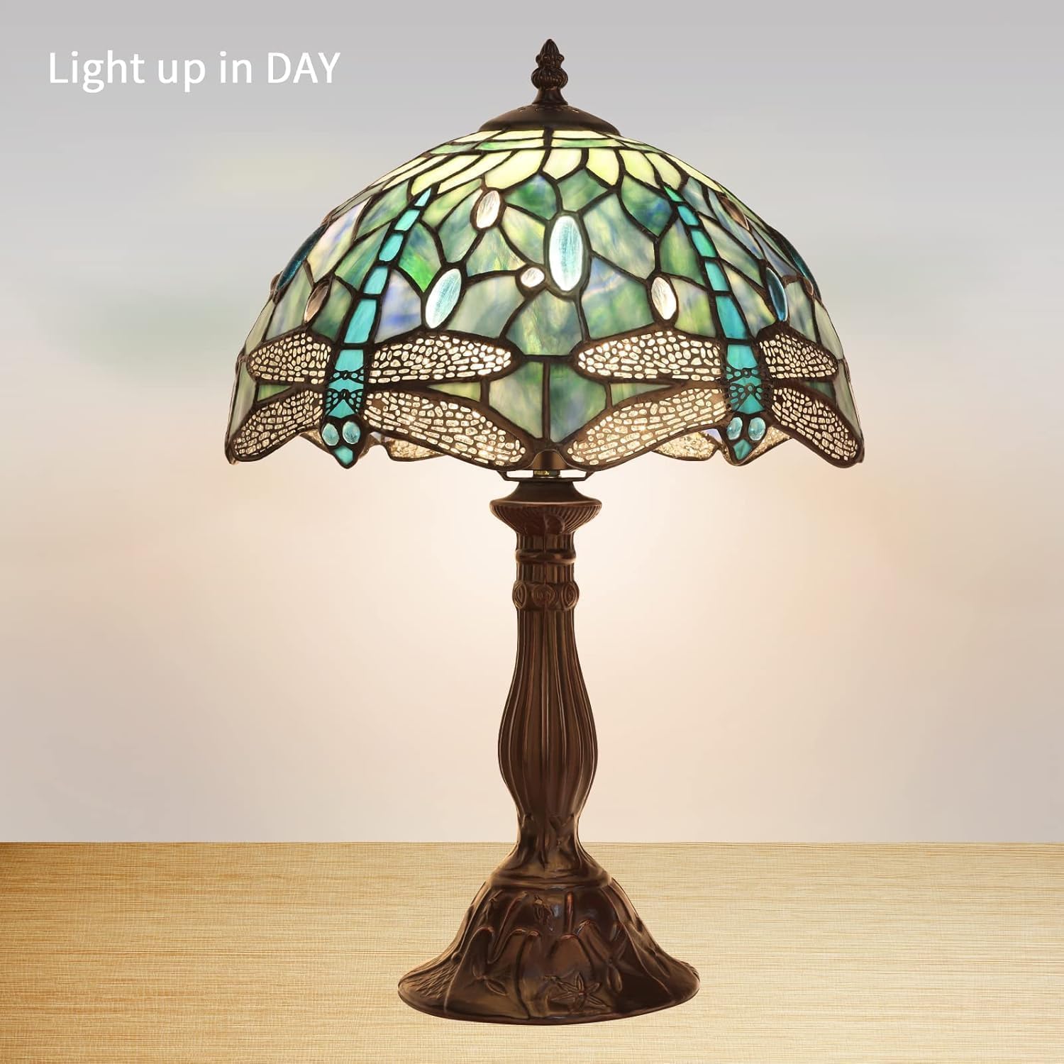 Pterying Tiffany Dragonfly Table Lamp, 18'' Tall Vintage Stained Glass Lamp for Bedroom Living Room, 1 LED Bulb (2700K E26) Included