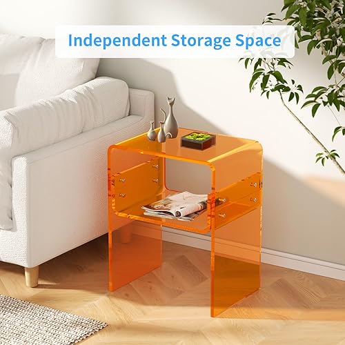 Miniatura 4 de Carmanon Mesa auxiliar moderna de acrílico de 2 niveles, mesa auxiliar transparente con bordes de cascada para sala de estar, dormitorio y baño,