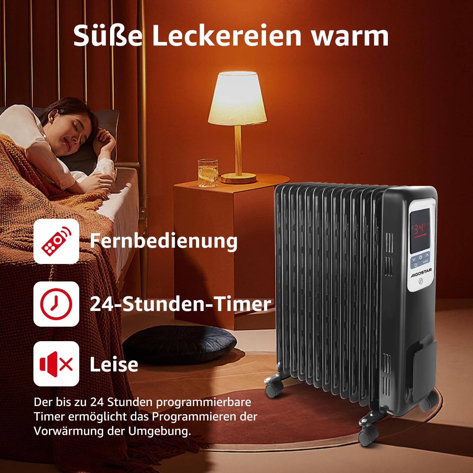 Aigostar Oil Monster 33JHH - 2500W Ölradiator Energiesparender, LCD Elektro Heizkörper mit 13 Rippen,4 Heizstufen,Thermostat, Fernbedienung,Überhitzungsschutz, Elektroradiator Elektro Heizung