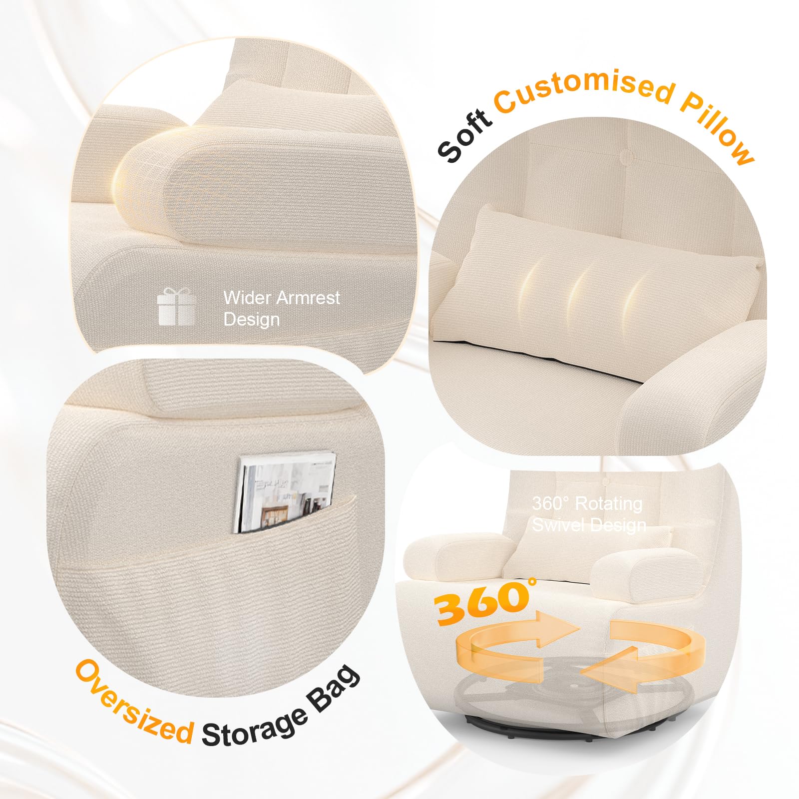 3-in-1 Relaxsessel, 360°Drehsessel,Extragroßer,Gepolsterter Hochlehner-Sessel mit 2 zusätzlichen Kissen, 2 Seitentaschen,Gepolstertem Sitzkissen und Rückenlehne, Akzent-Relaxsessel (Beige)