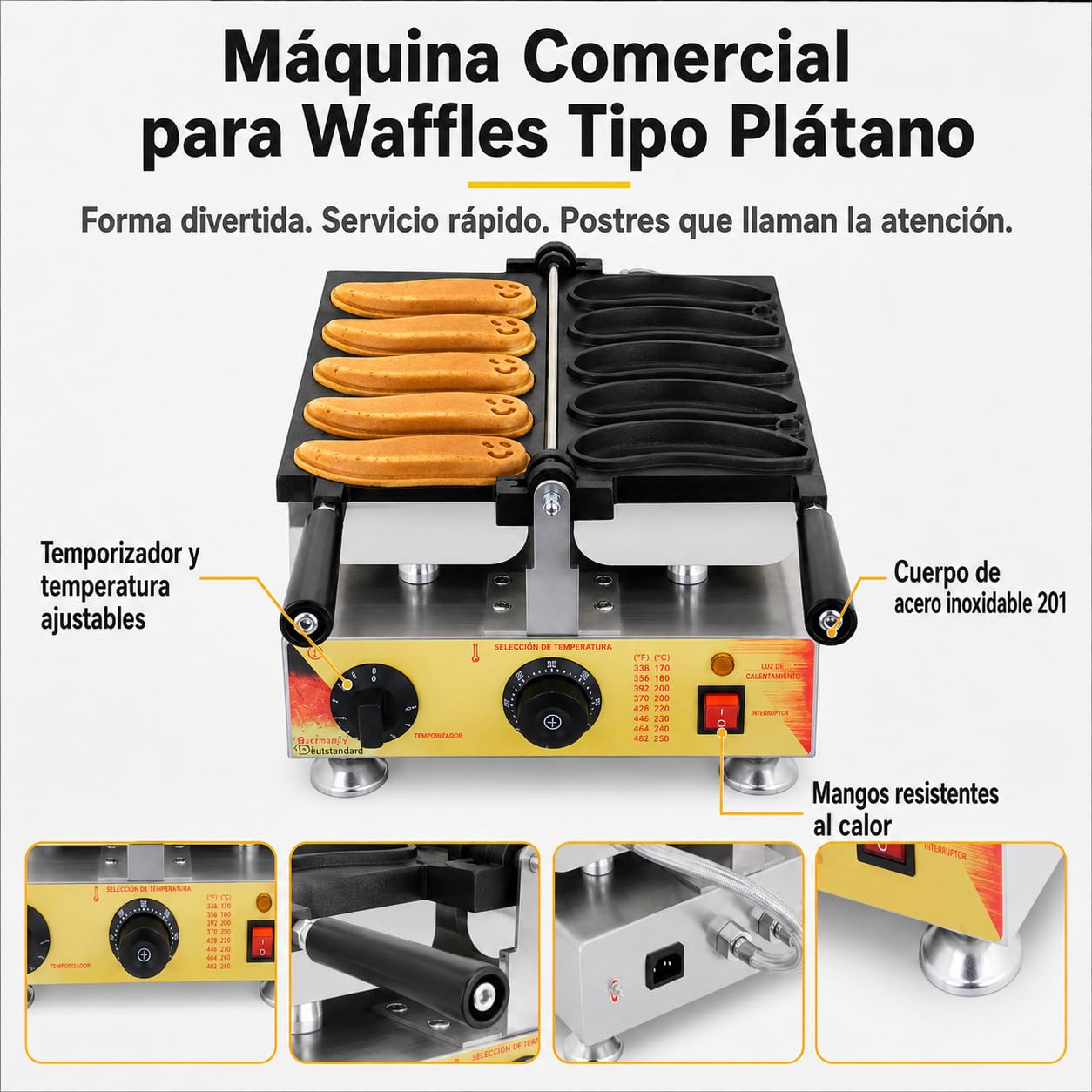 Gofrera Profesional con Forma de Plátano, 5 Gofres por Hornada, Placas Antiadherentes, Temporizador y Temperatura Ajustables, para Cafeterías, Heladerías, Churrerías y Food Trucks