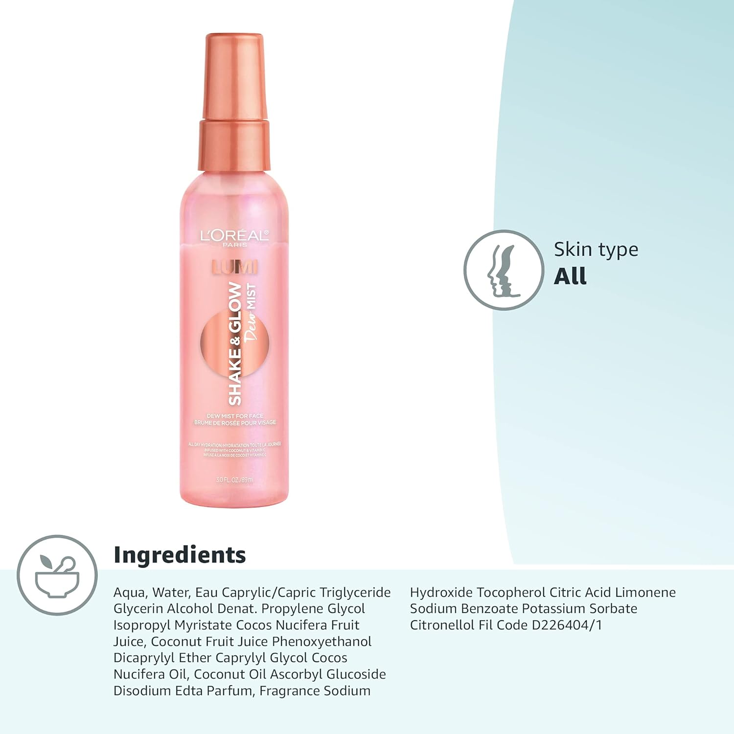 L'Oreal Paris Makeup LUMI Shake and Glow Dew Mist, Hydrating and Soothing Face Mist, Prep and Set Makeup, Energizes Skin with a Healthy Boost of Hydration, Natural Finish, 3 fl; oz. image 4 of 4 B07H634DNK