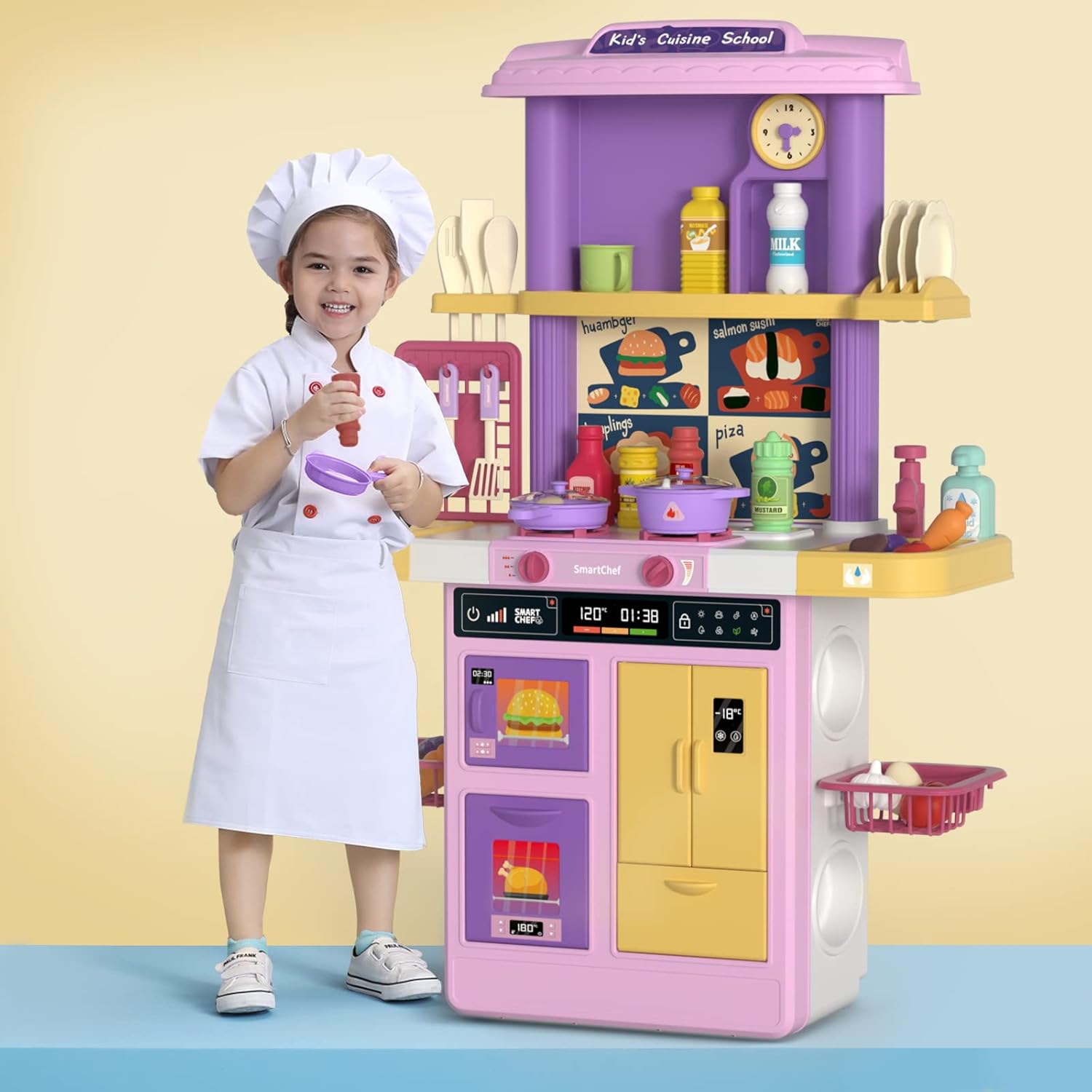 SmartChef Kitchen Playset , Kids Play Kitchen & 49 PCS Toy Accessories Set, Pink Kitchen Toys w/ Real Sounds and Light, Toddler Kitchen Set for Kids, Girls & Boys : Toys & Games