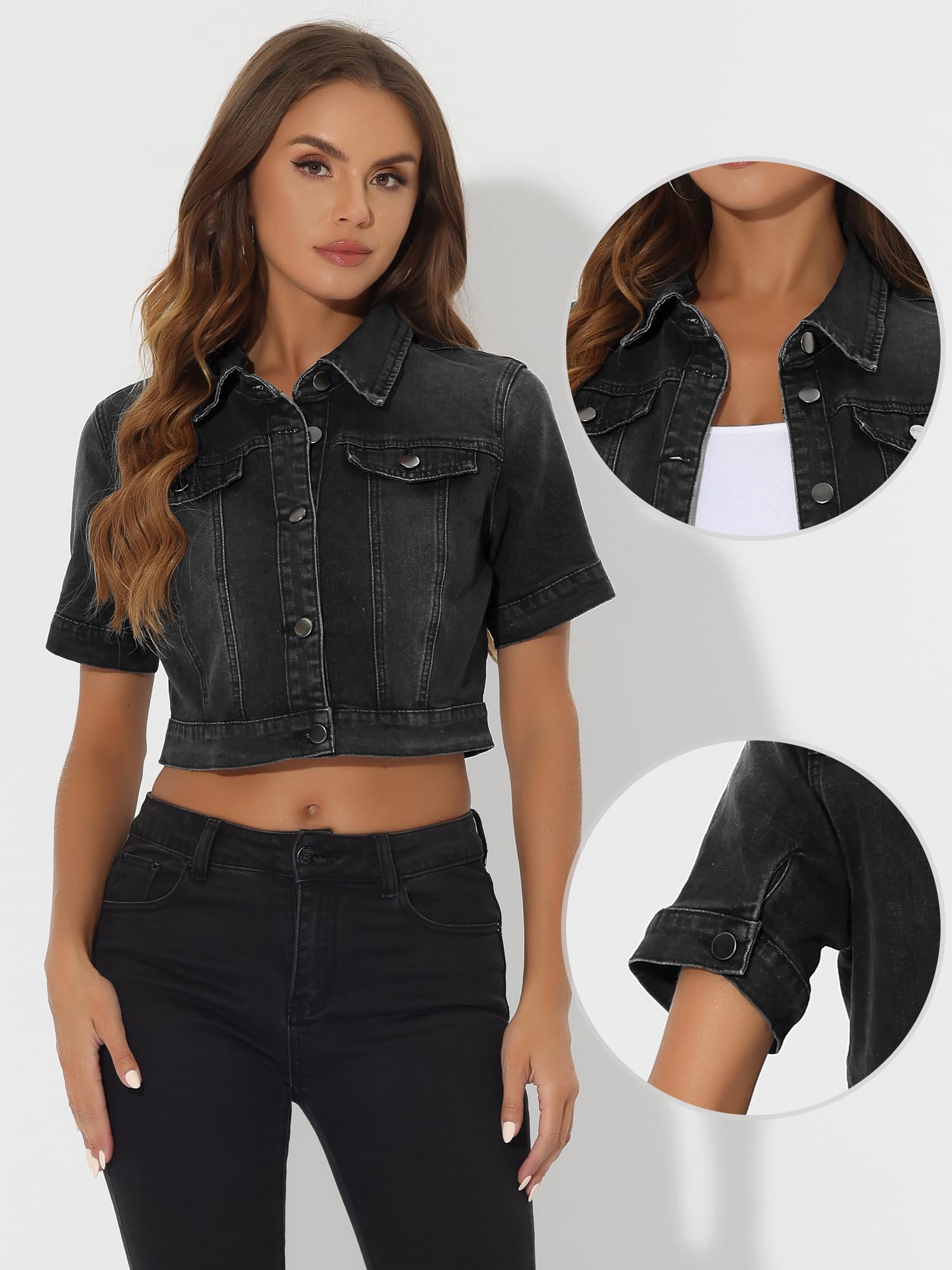 Allegra K Veste Jean Femme Rétro Blouson Denim Courte Boutonnage Col Revers & Taille Cintrée Manches Courtes Style Vintage Décontracté