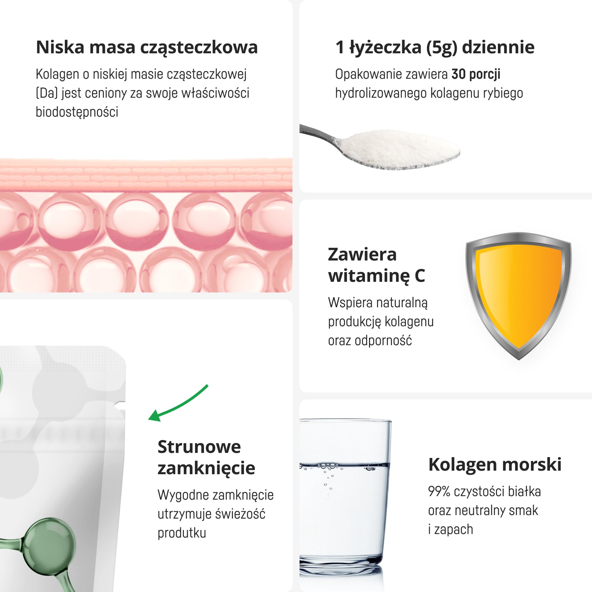 Kolagen morski hydrolizowany w proszku z witaminą C – Naticol 5000 mg, peptydy 2000 Dalton – Typ I i III – Czysty, bez smaku – Hi Collagen (30 porcji, 1 miesiąc)
