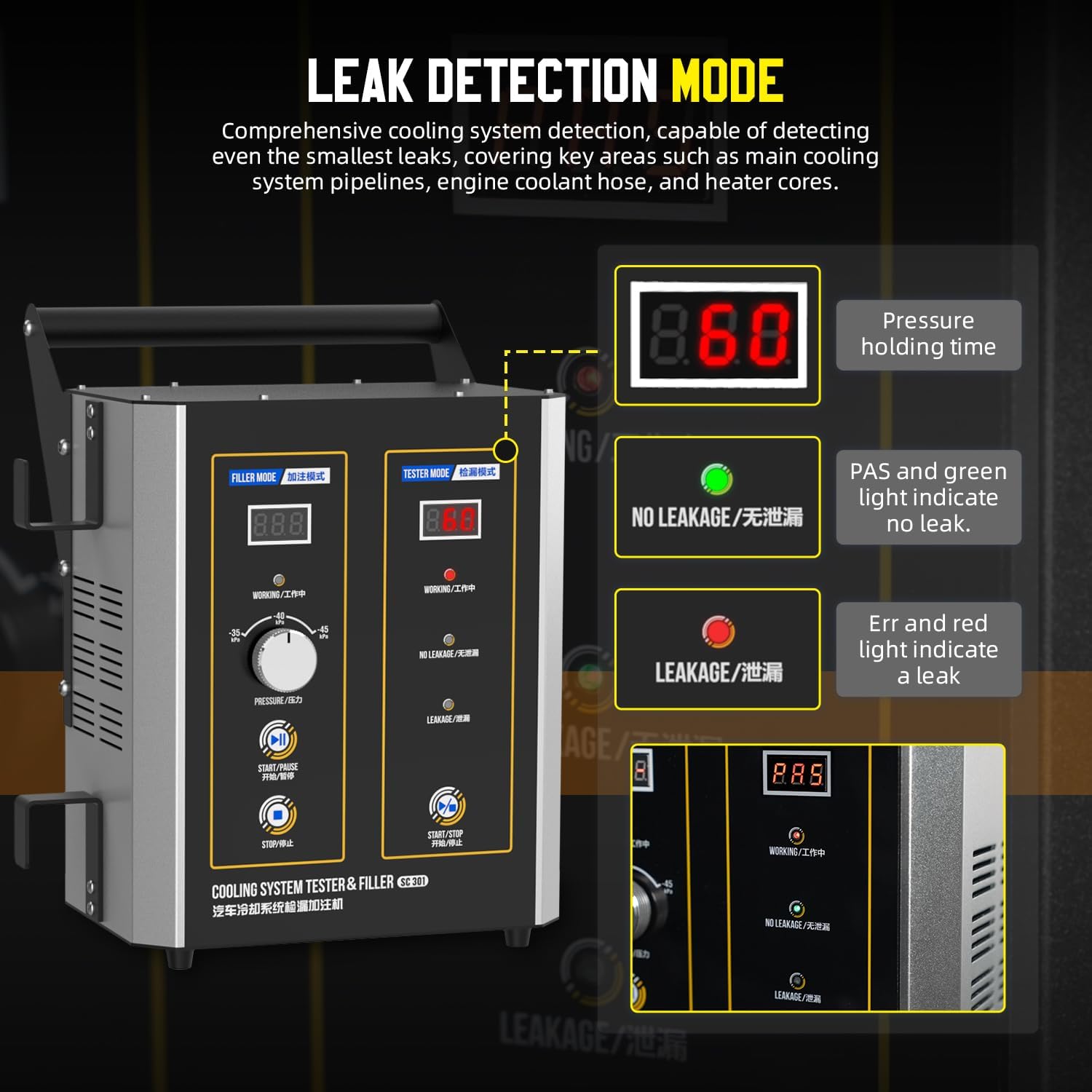 All-in-One Cooling System Leak Detector and Vacuum Filler Tool Machine, Automatic Coolant Replacement, Cooling Pressure Test & Cooling System Protection, 3 Adapters for One-Person Operation