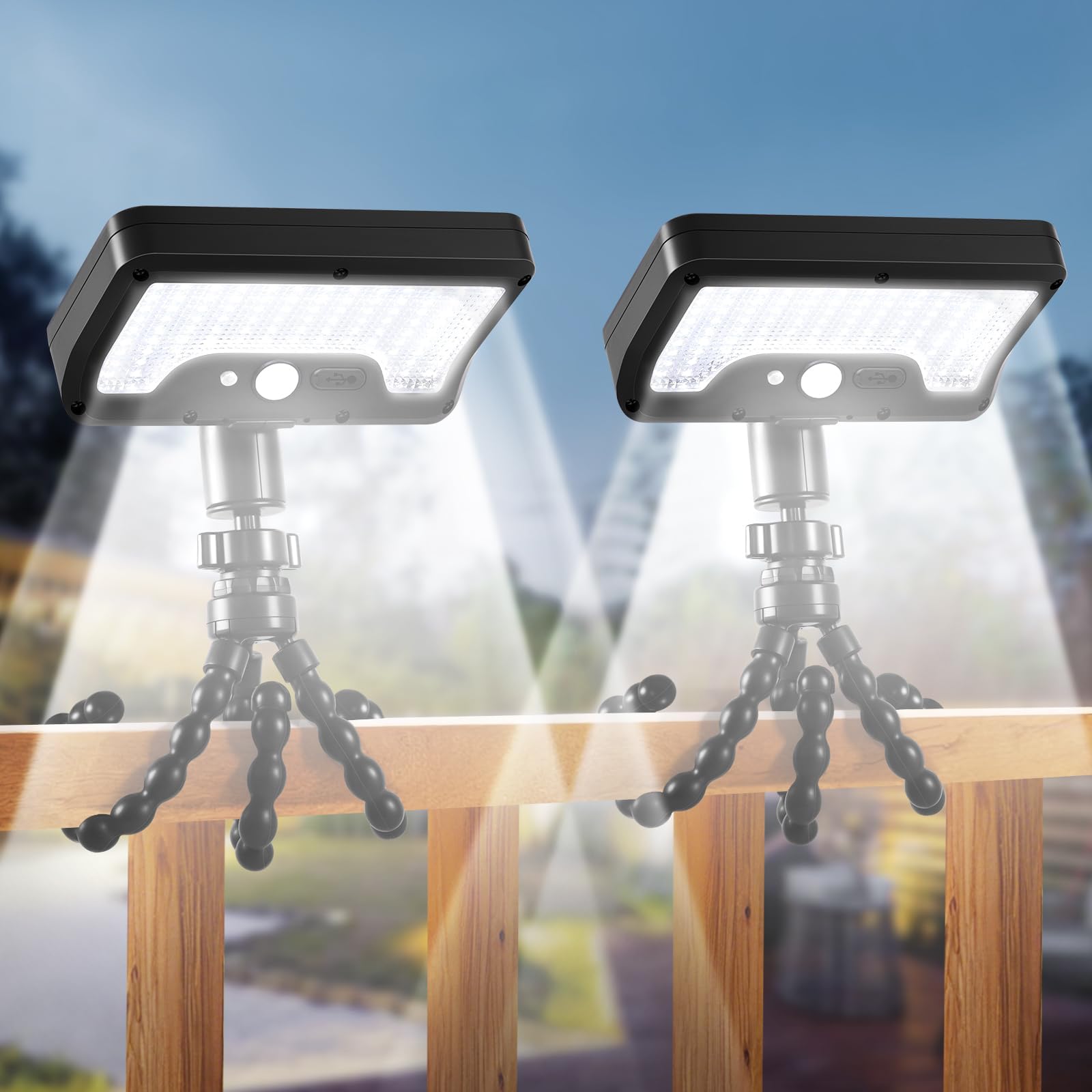 Solar Motion Lights Outdoor with Flexible Octopus Tripod, USB & Solar Powered Motion Sensor Lights with 92 LEDs, IP65 Waterproof Motion Activated Light for Fence, Camping (2 Pack, Cool White)