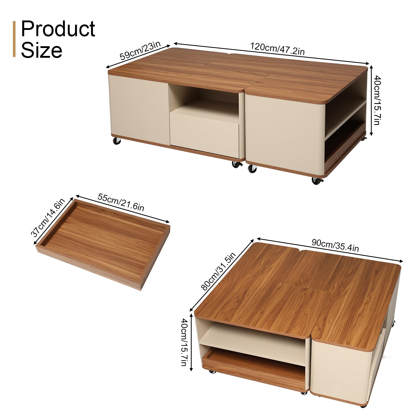 Couchtisch Quadratischer mit Stauraum, Wohnzimmertisch Holz mit Rollen, Coffee Table Modulares Design für Wohnzimmer Büro Schlafzimmer